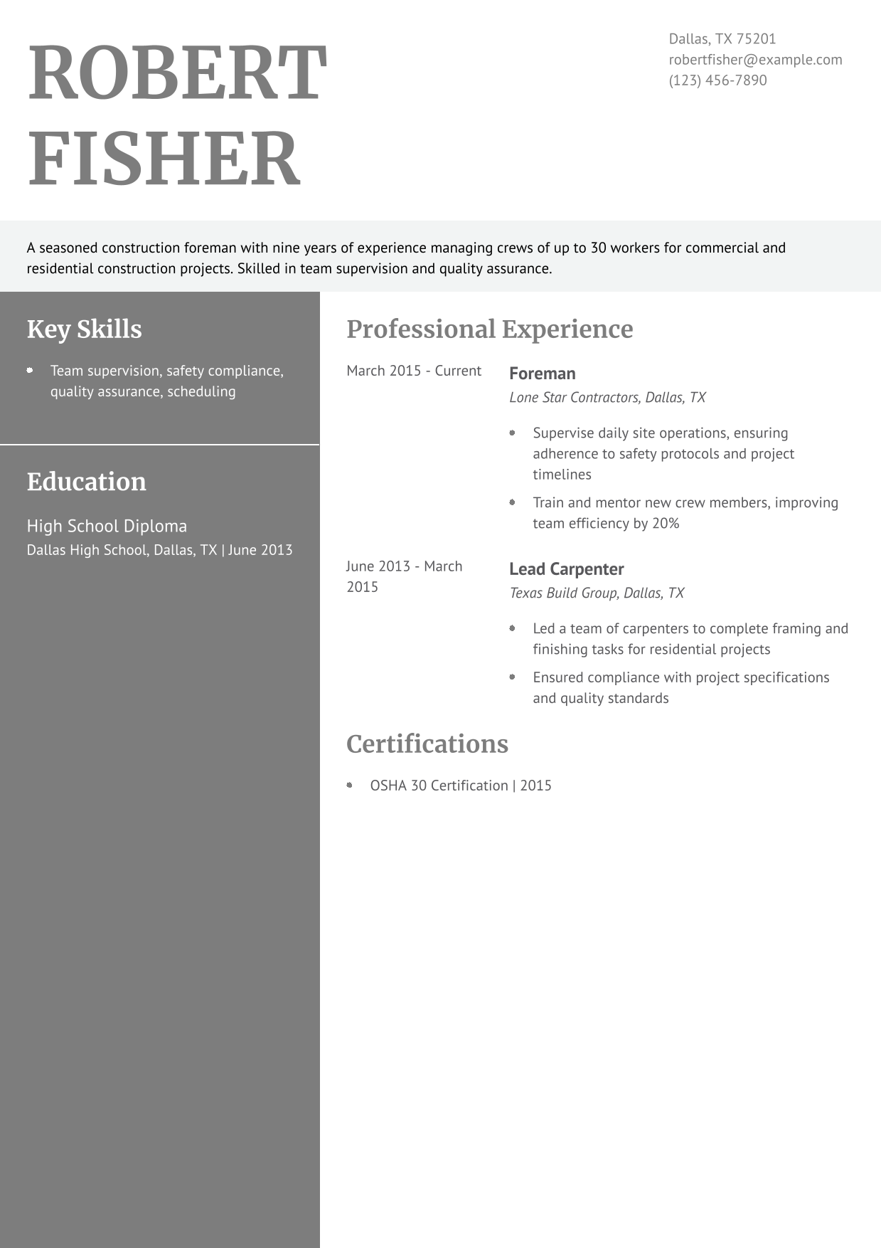 Construction Foreman Resume Example