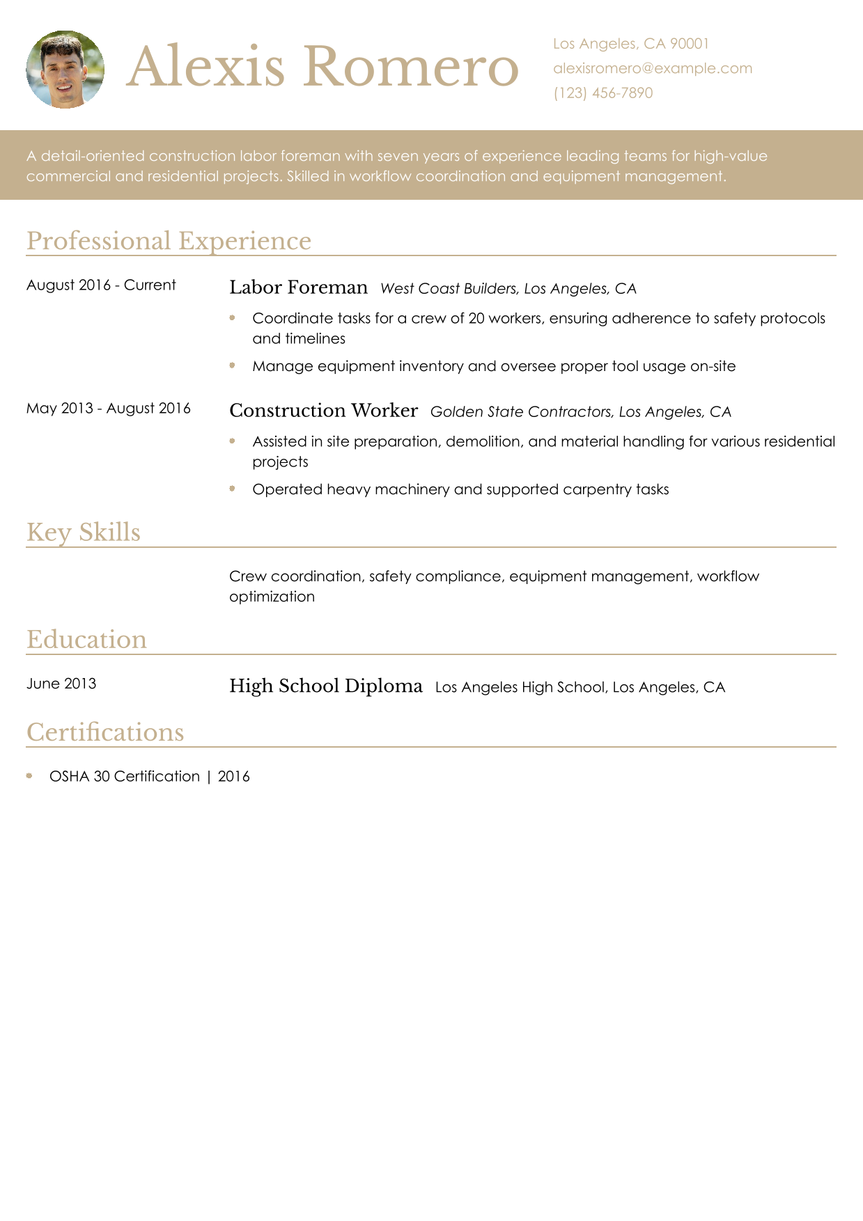 Construction Labor Foreman Resume Example