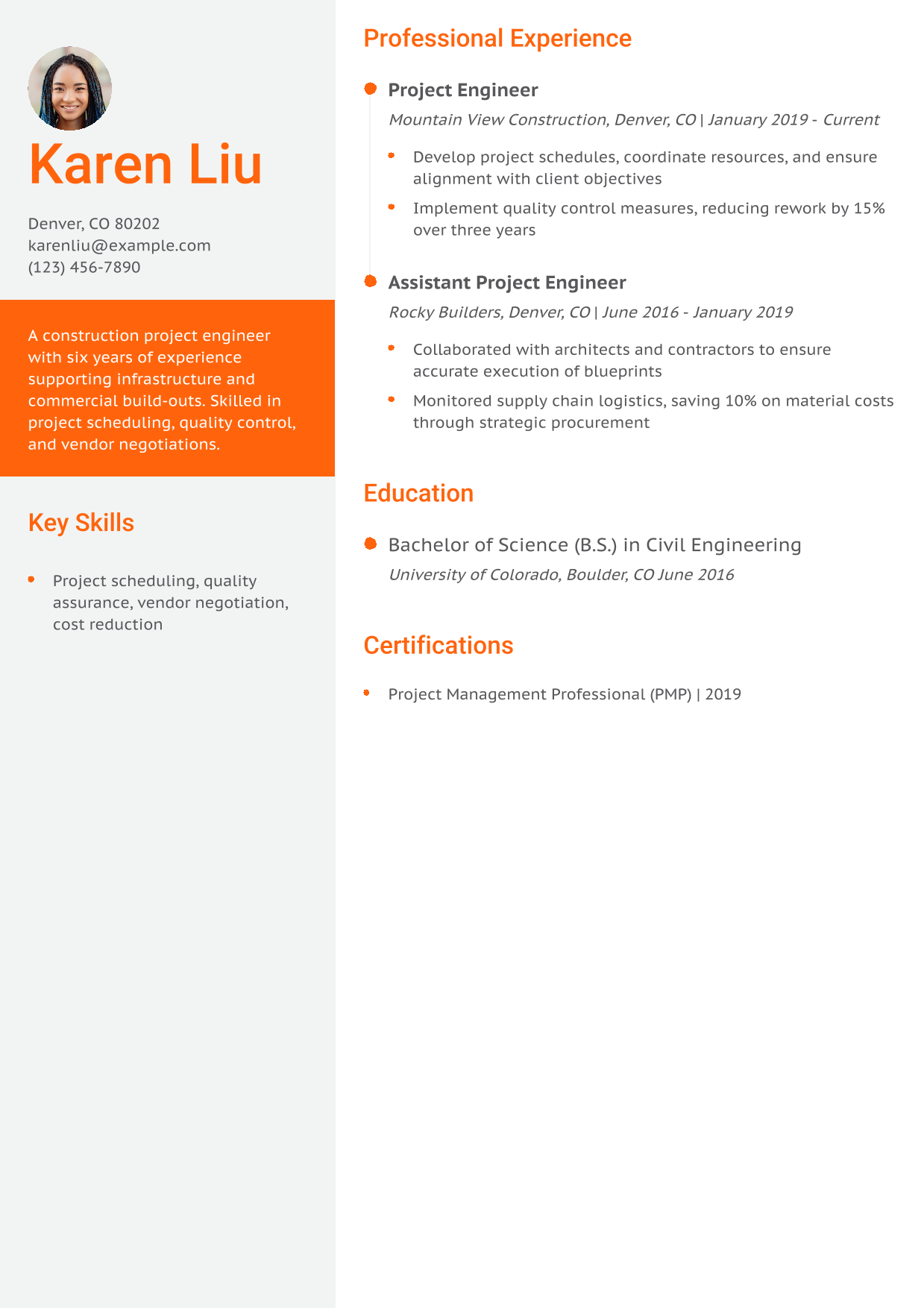 Construction Project Engineer Resume Example