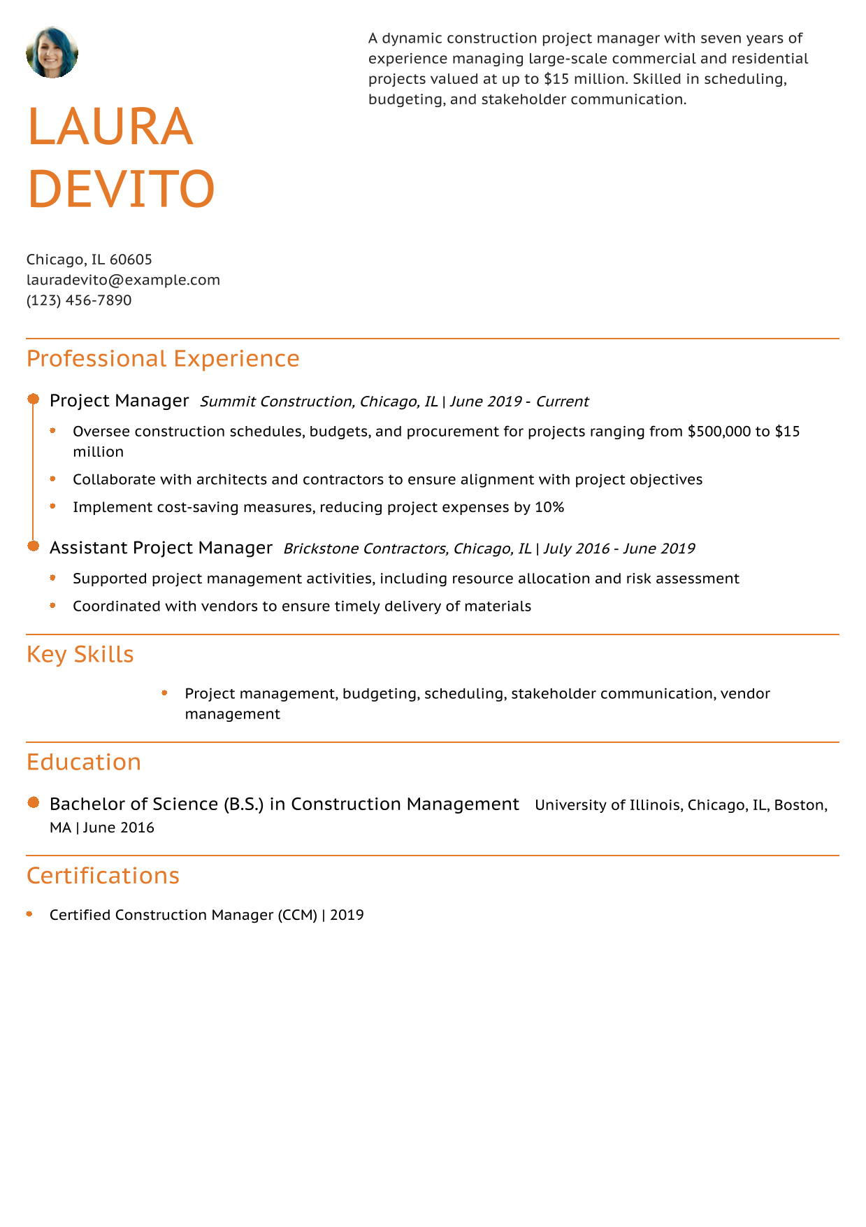 Construction Project Manager Resume Example