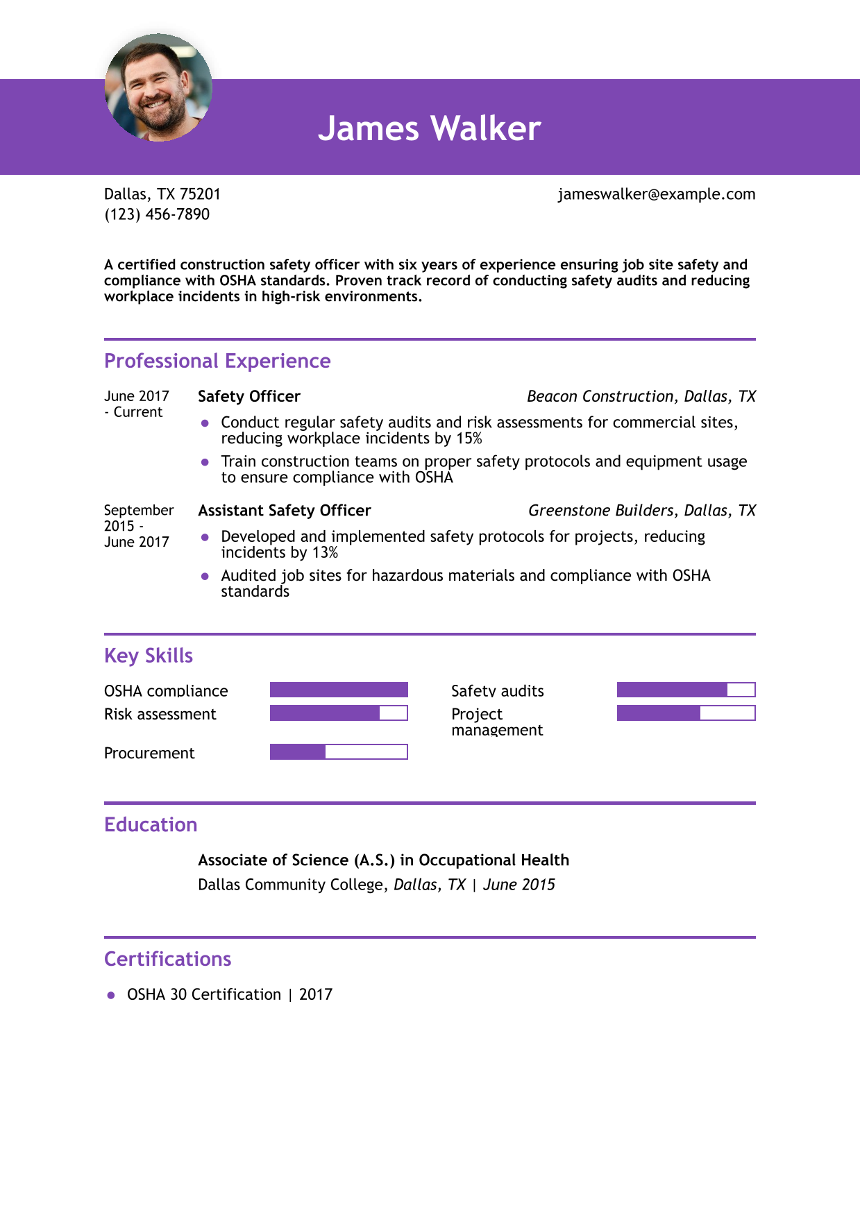 Construction Safety Officer Resume Example