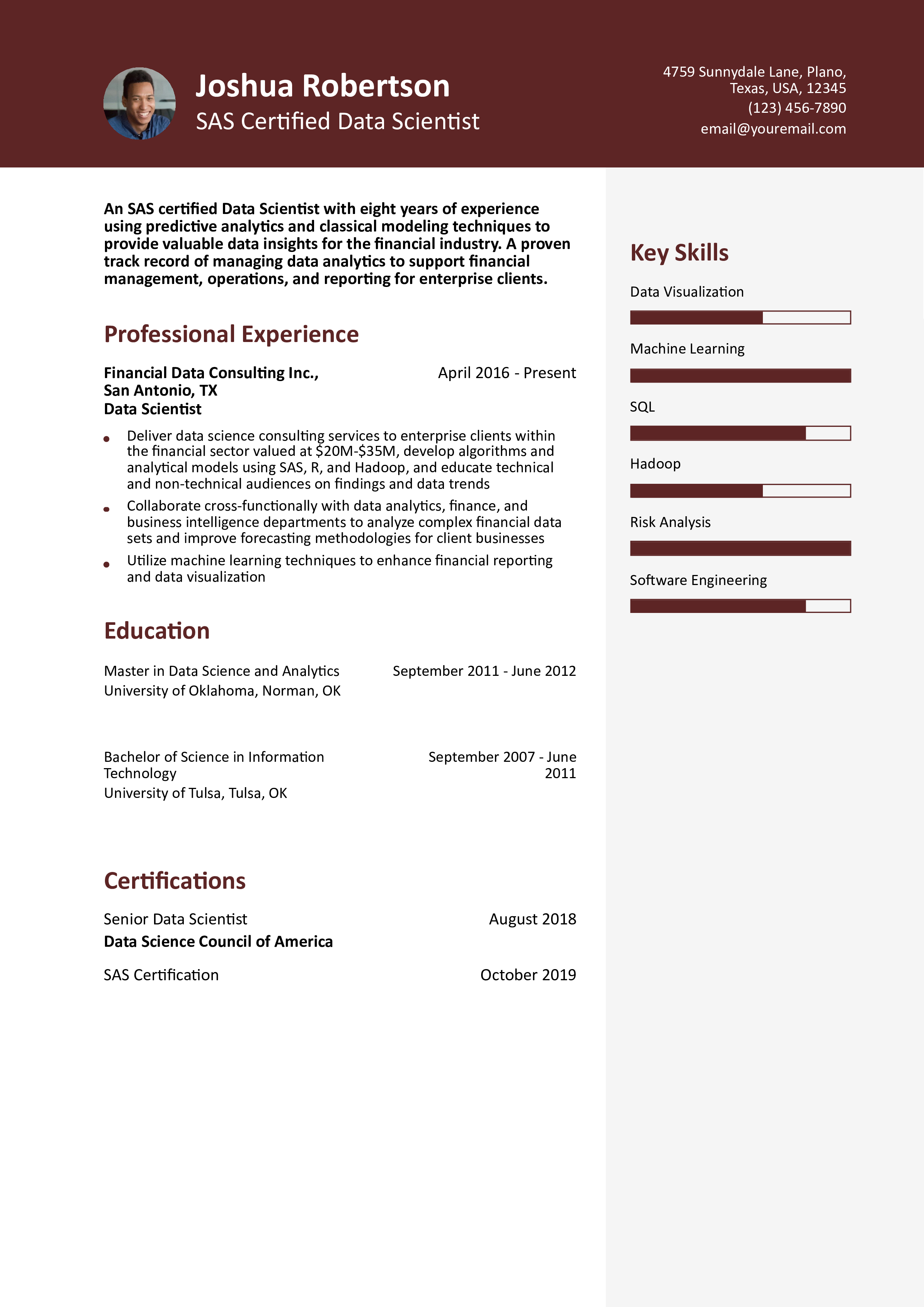 SAS Certified Data Scientist Resume Example