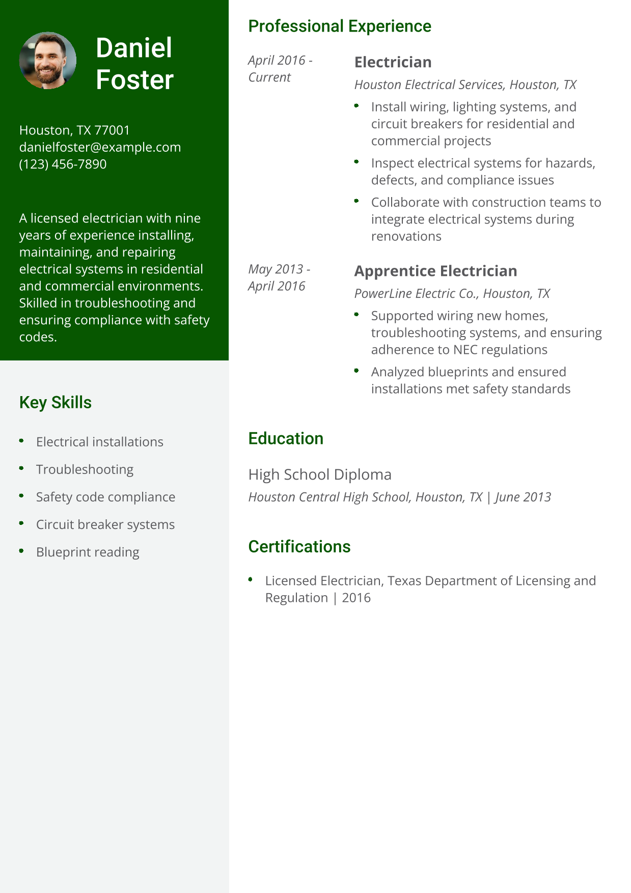 Electrician Resume Example