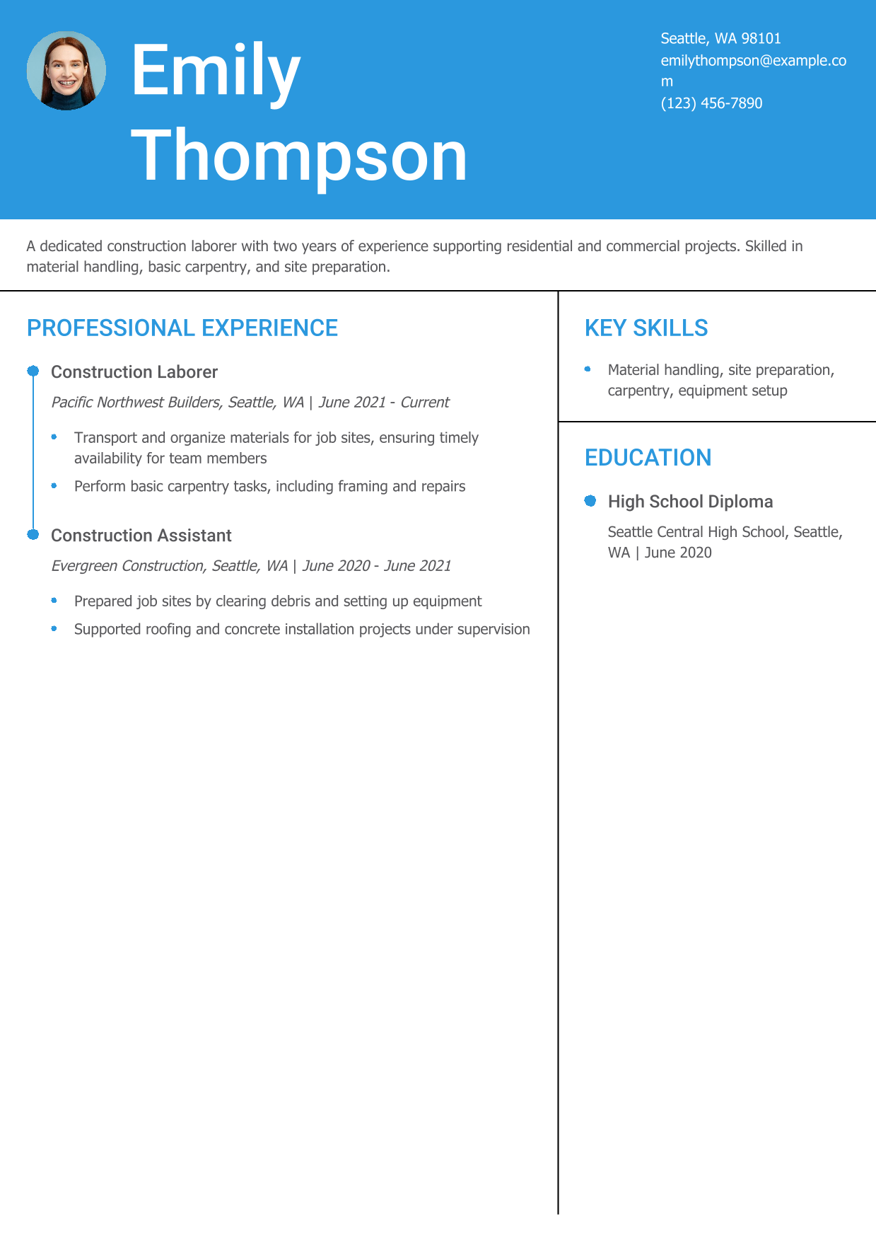 Entry-Level Construction Laborer Resume Example