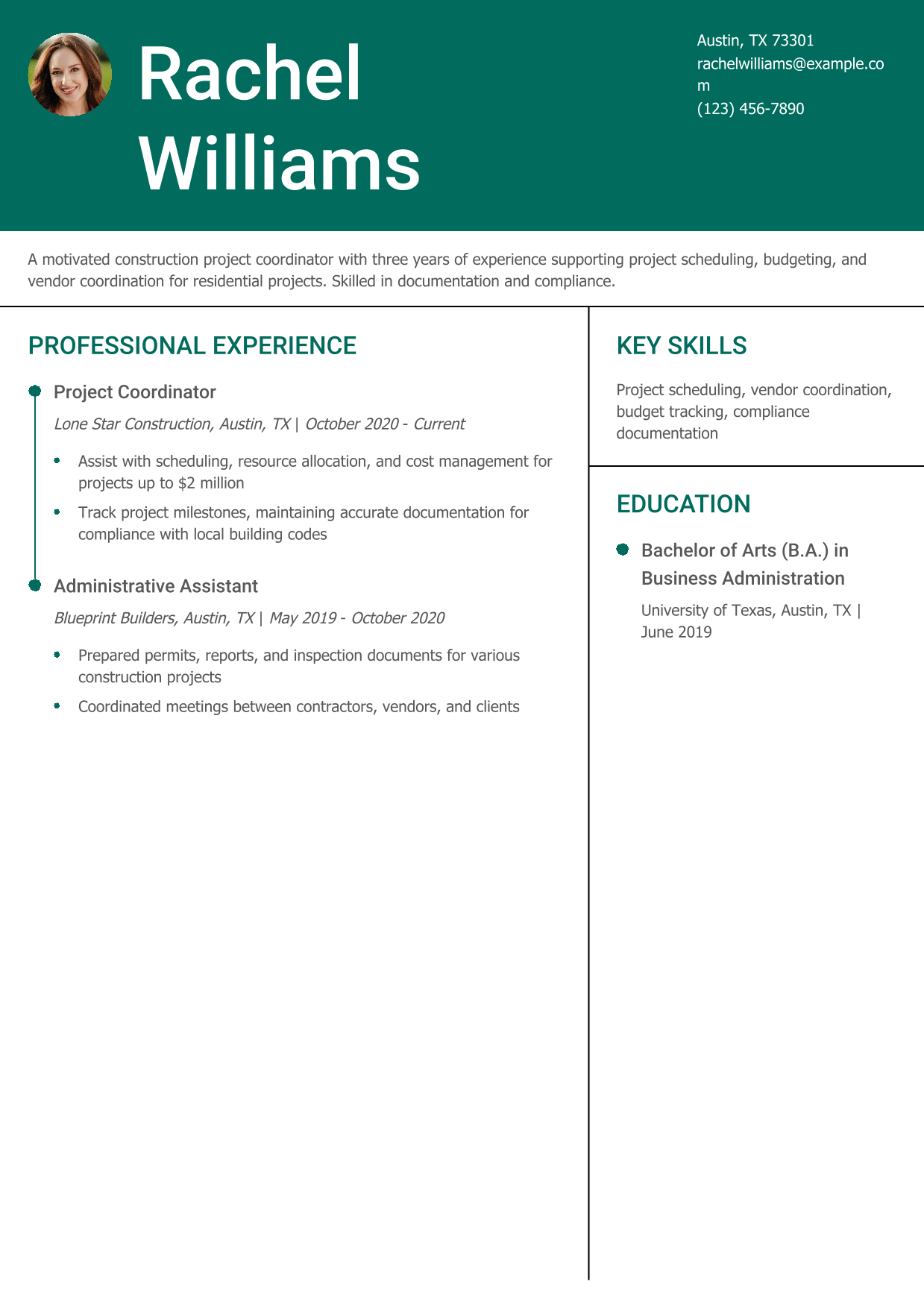 Entry-Level Construction Project Coordinator Resume Example