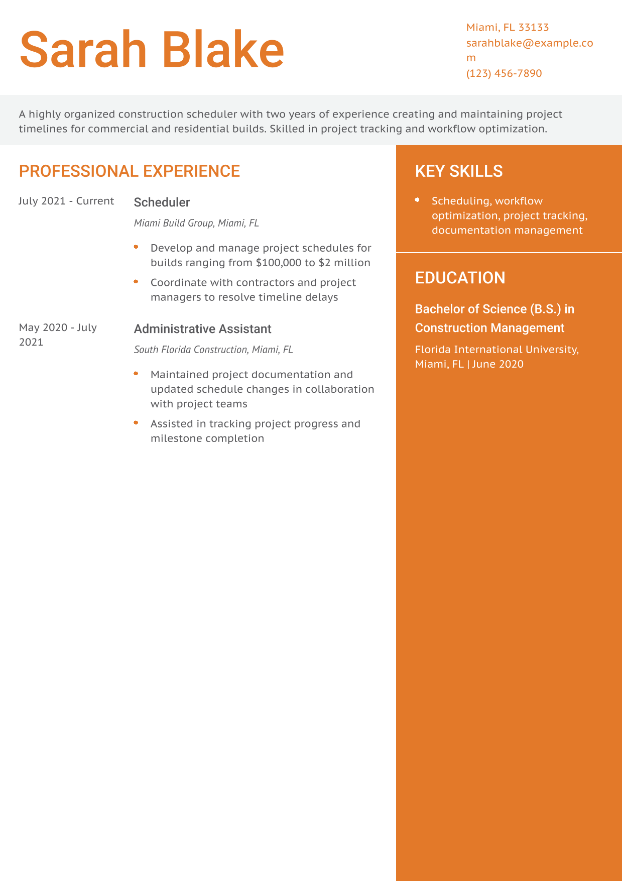 Entry-Level Construction Scheduler Resume Example