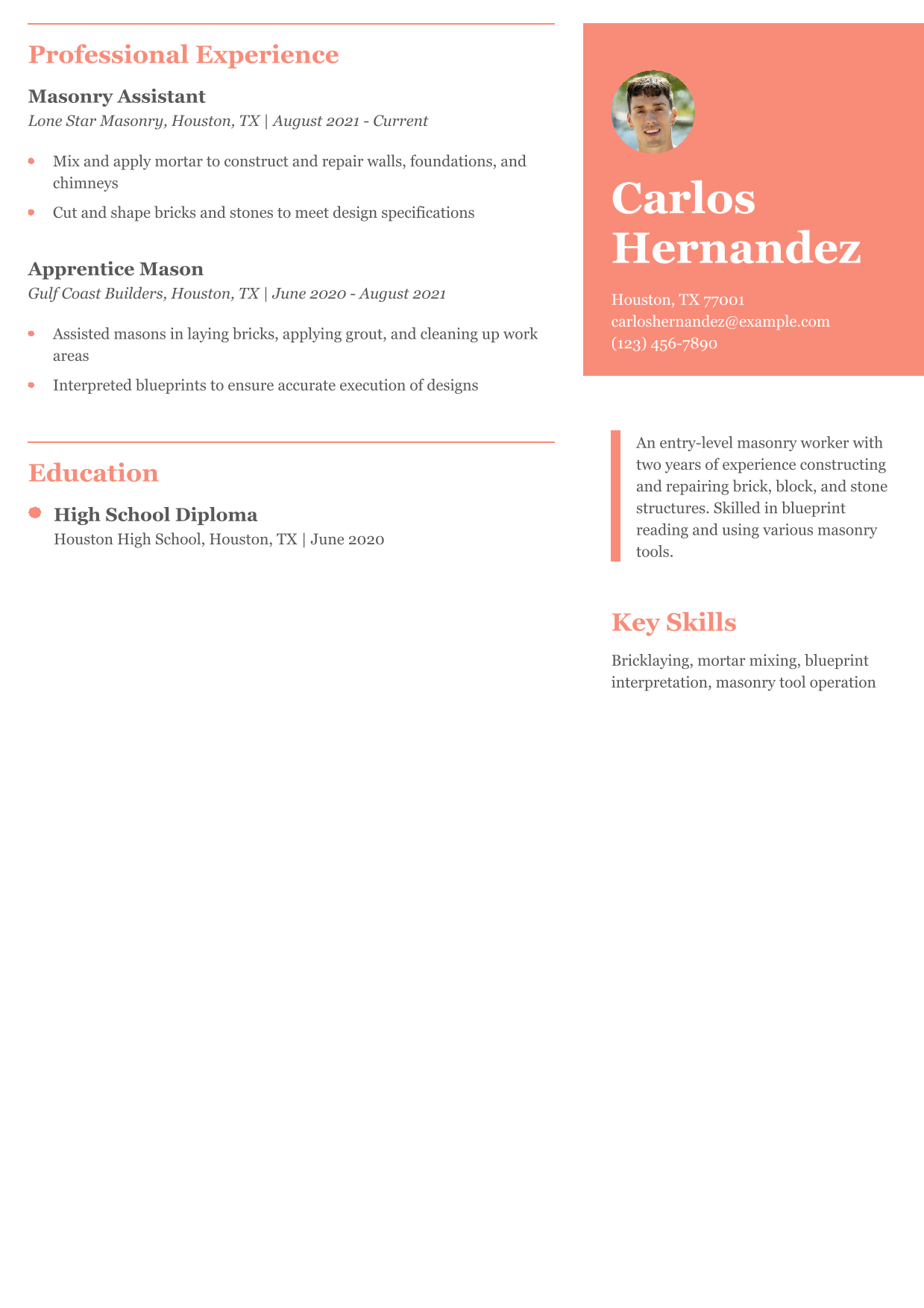Entry-Level Masonry Worker Resume Example