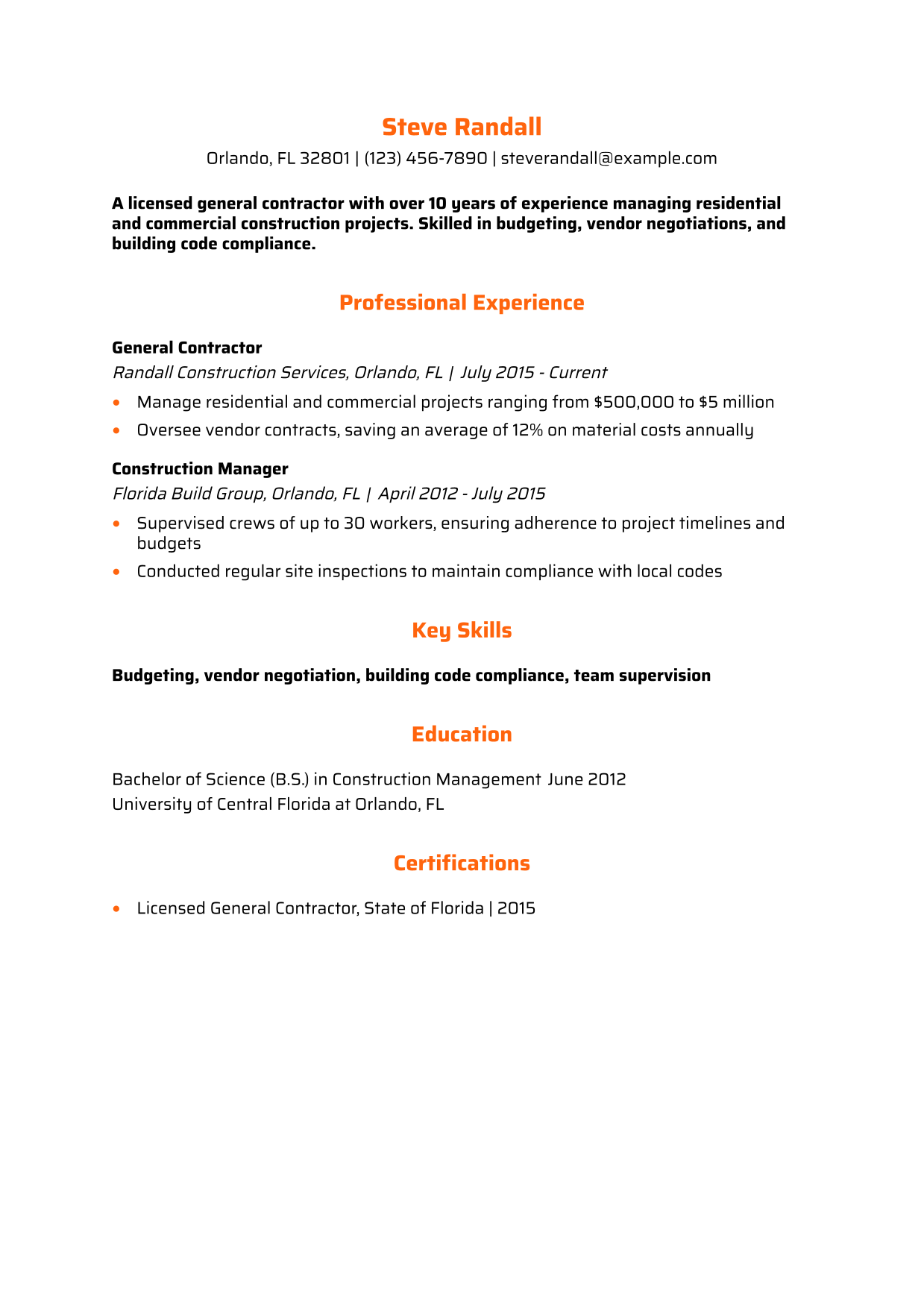 General Contractor Resume Example