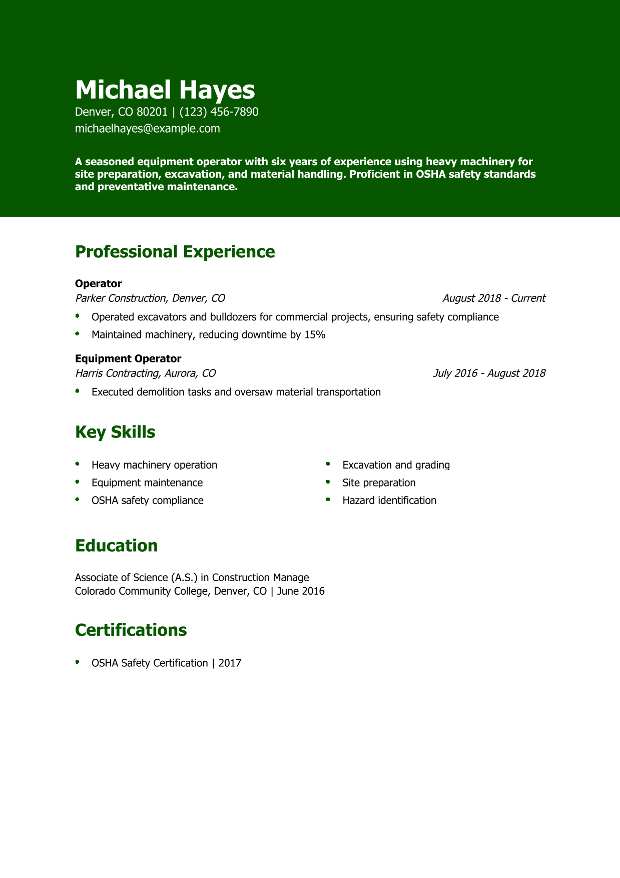 Heavy Equipment Operator Resume Example