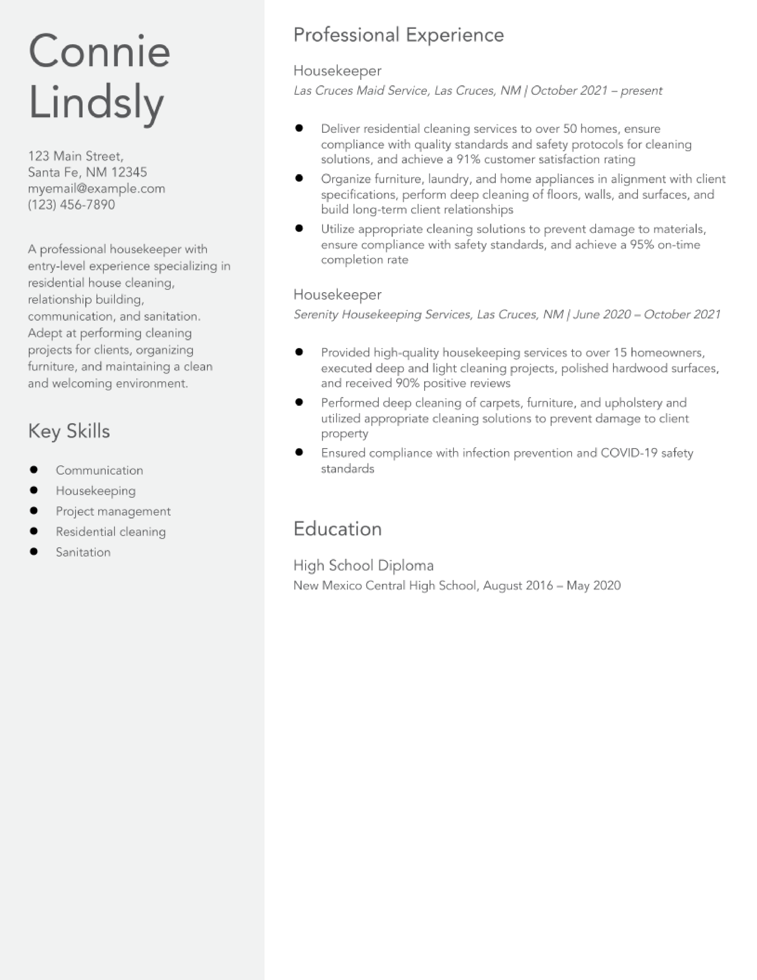 Entry-Level Housekeeper Resume