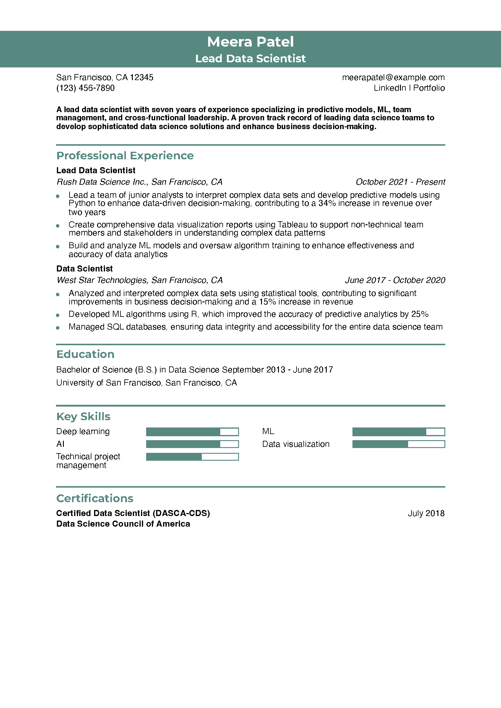 Lead Data Scientist Resume