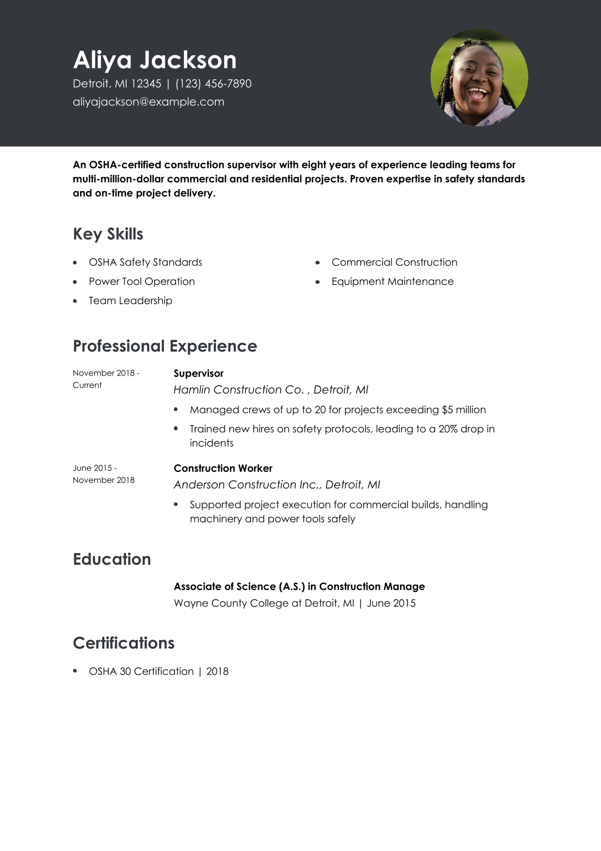 Mid-Career Construction Supervisor Resume Example