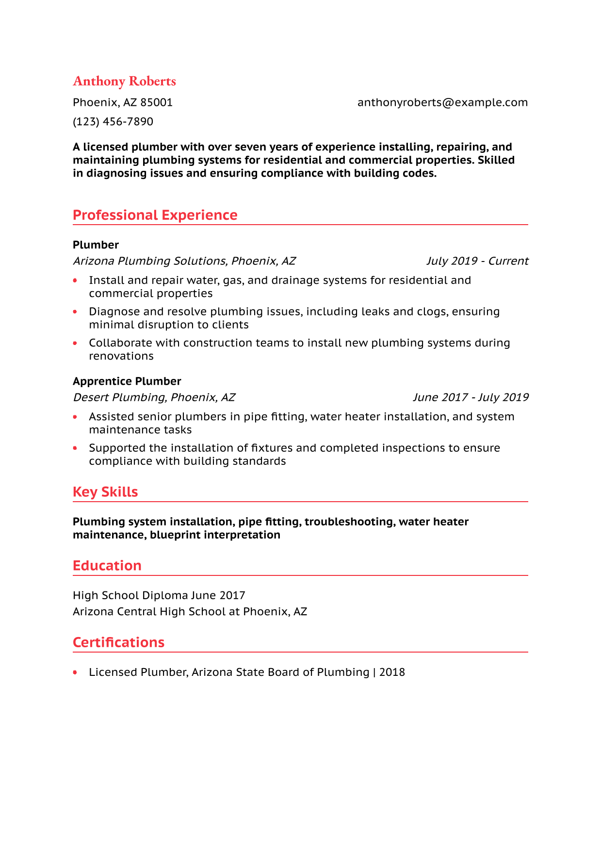 Plumber Resume Example
