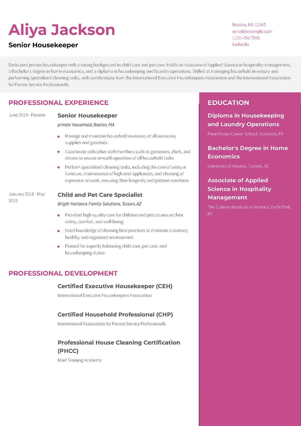Private Housekeeper Resume