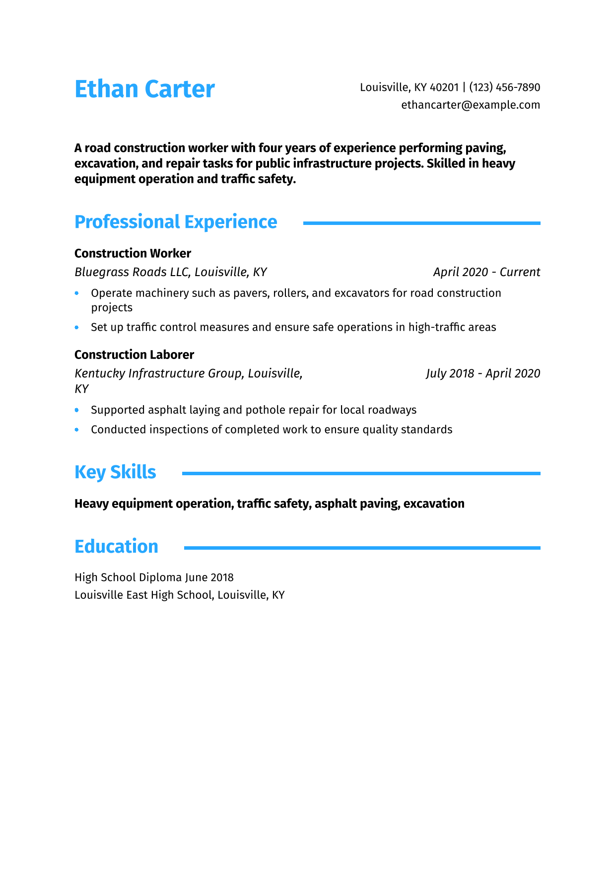 Road Construction Worker Resume Example