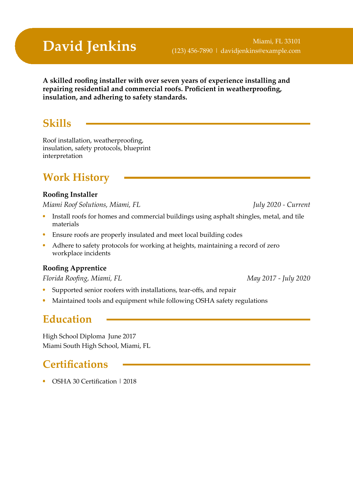 Roofing Installer Resume Example