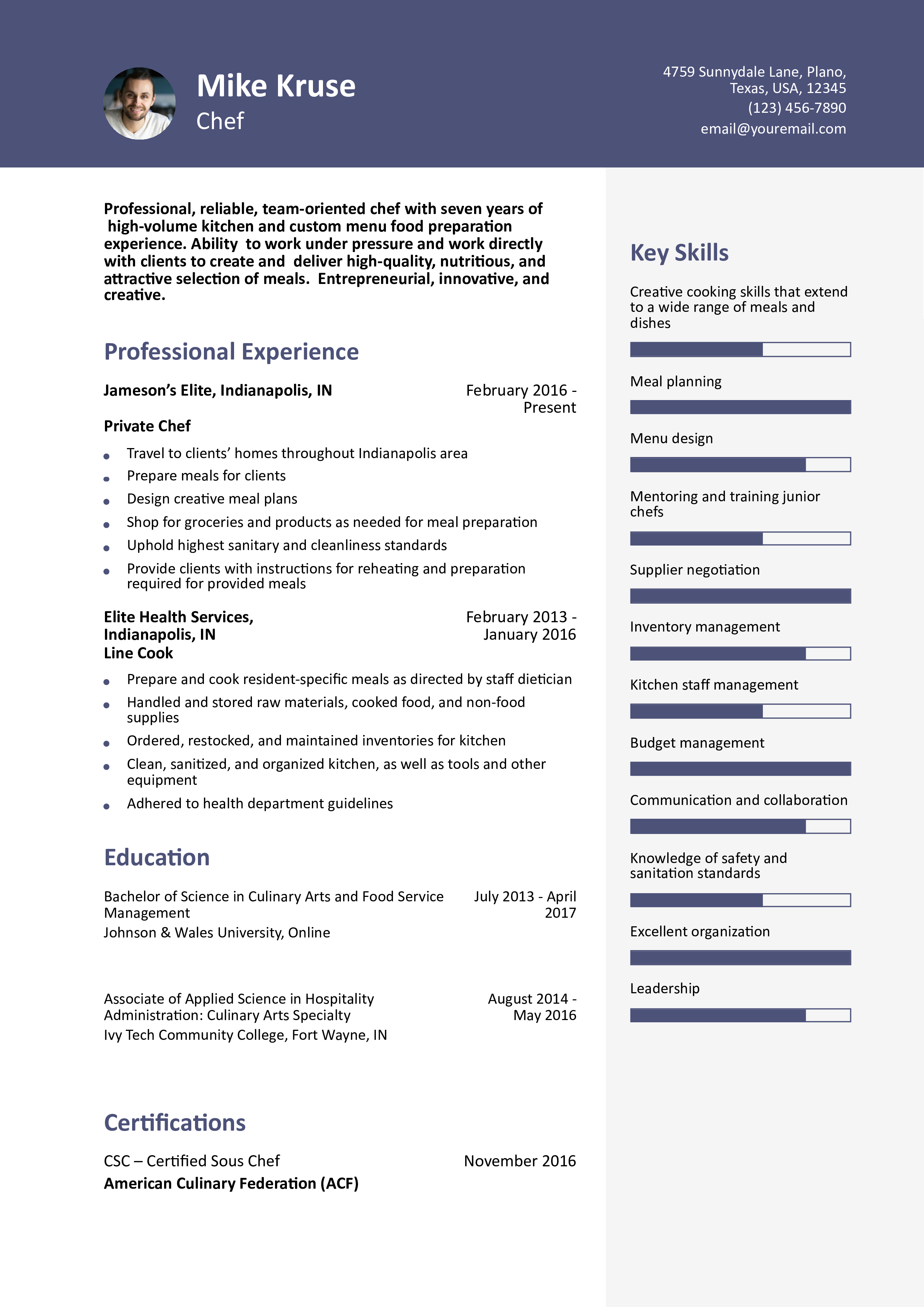 Private Chef Resume Example