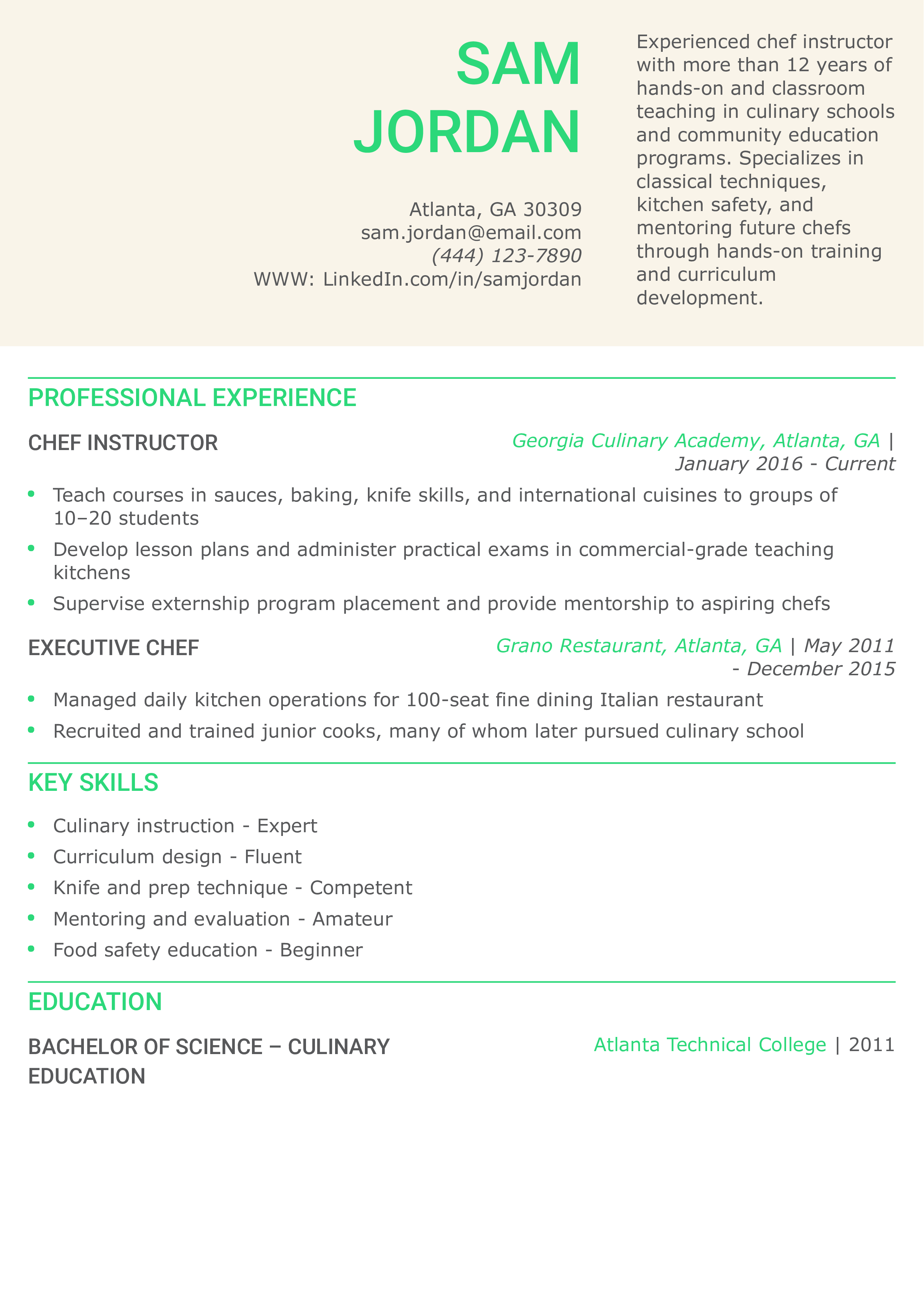Chef Instructor Resume Example