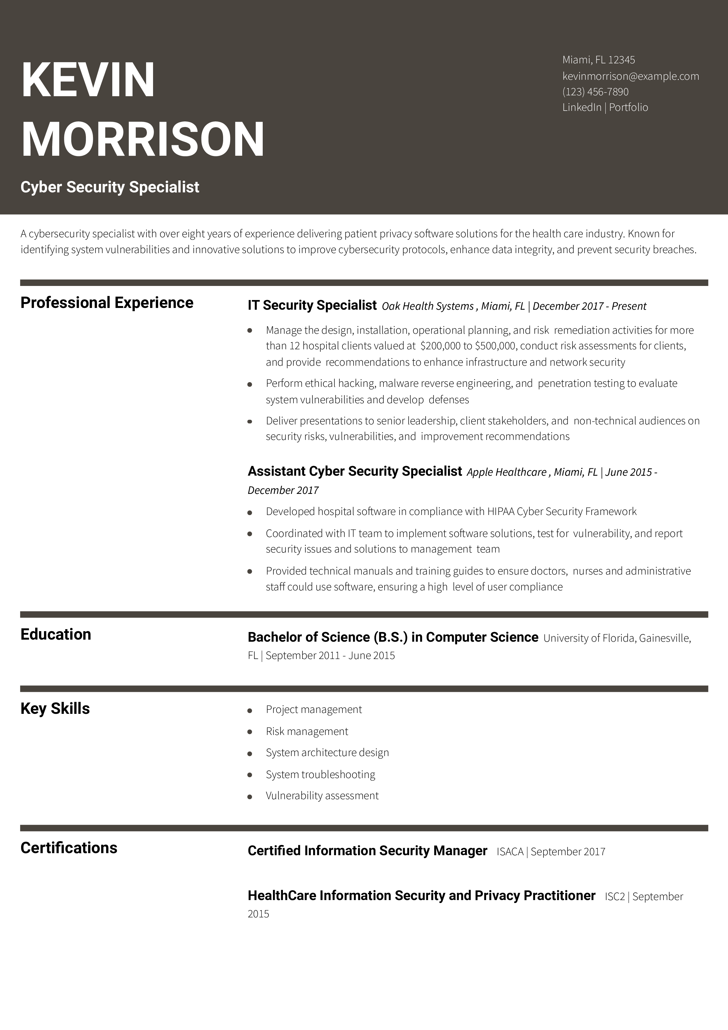 Cybersecurity Specialist Resume Example