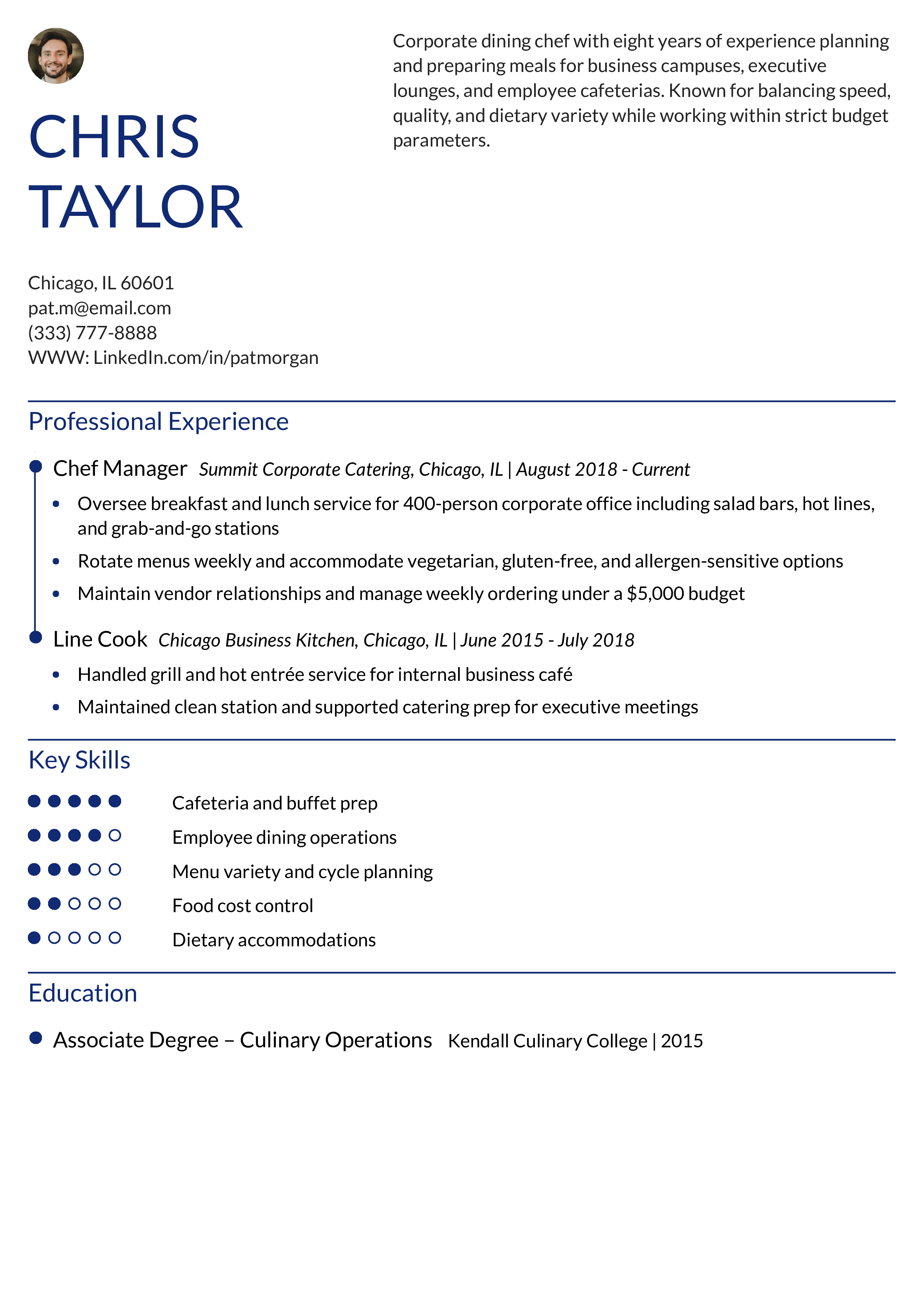 Corporate Dining Chef Resume Example