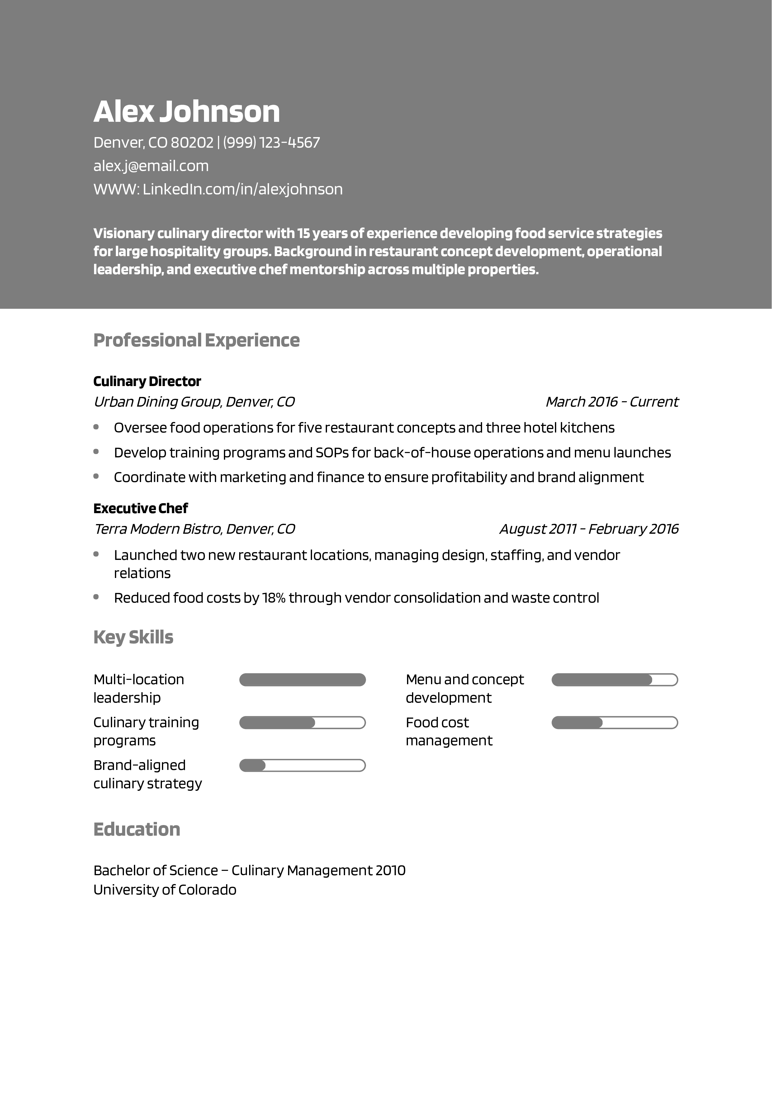 Culinary Director Resume Example