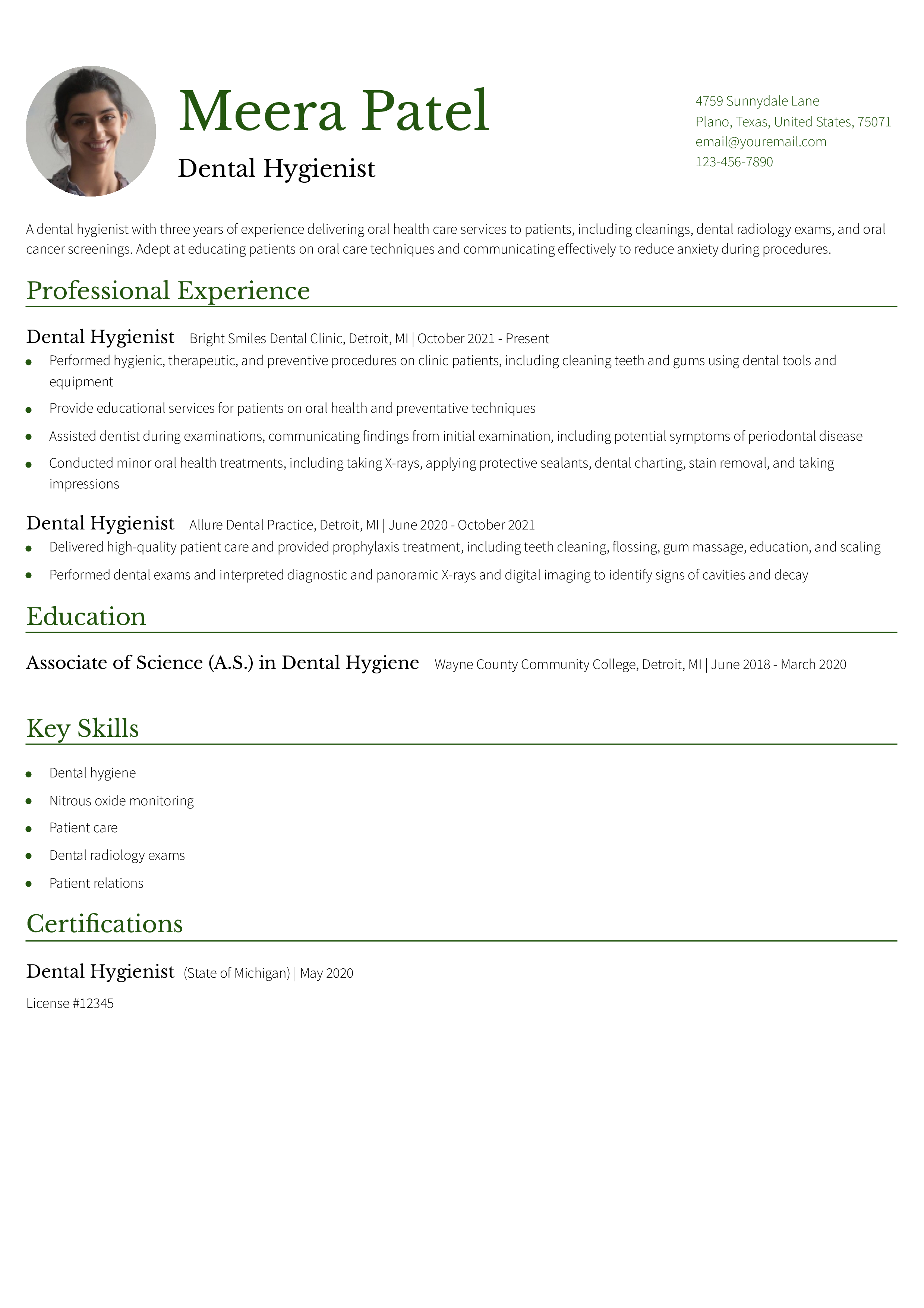 Dental Hygienist - Entry-Level Resume Example