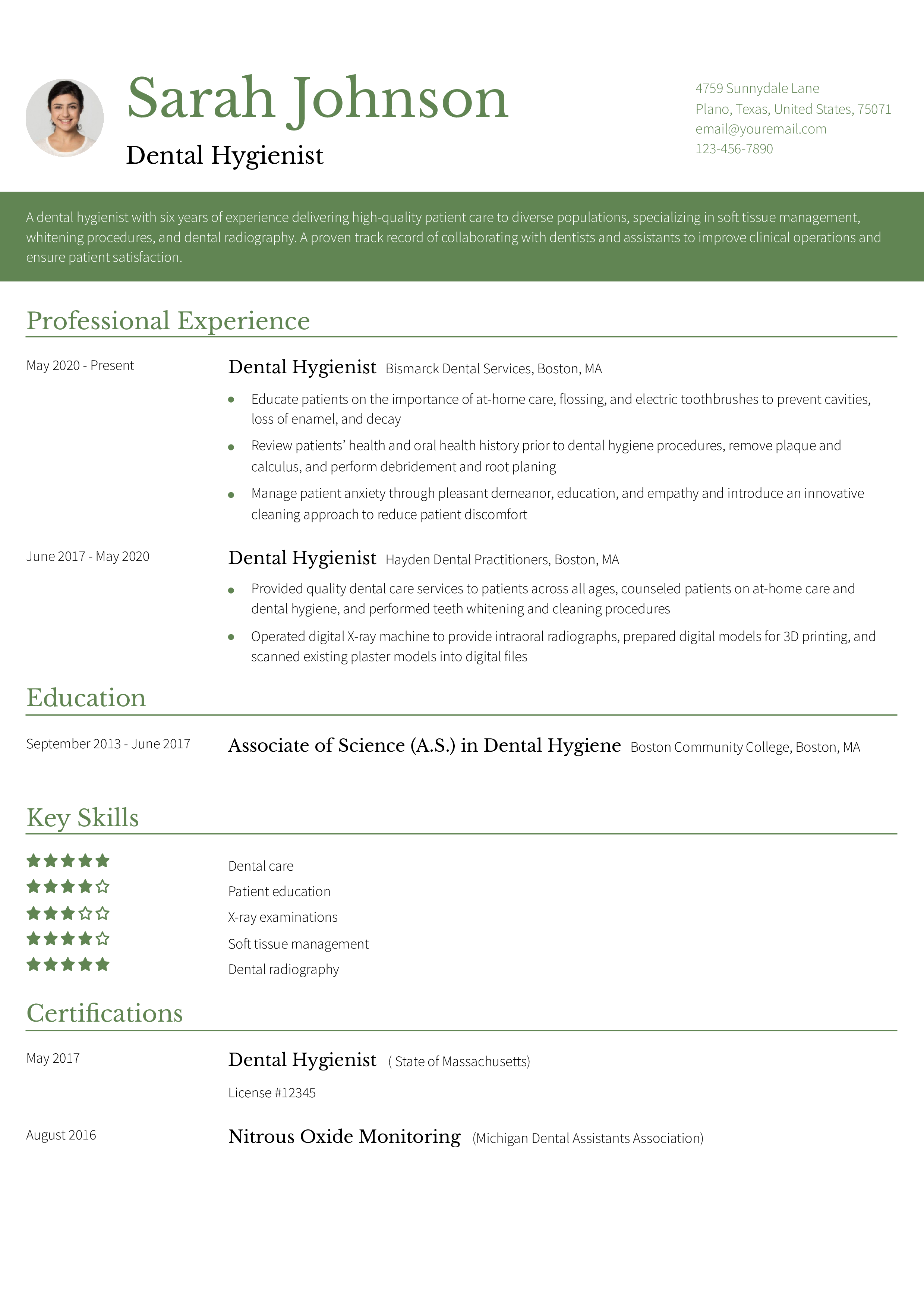 Dental Hygienist - Mid-Level Resume Example