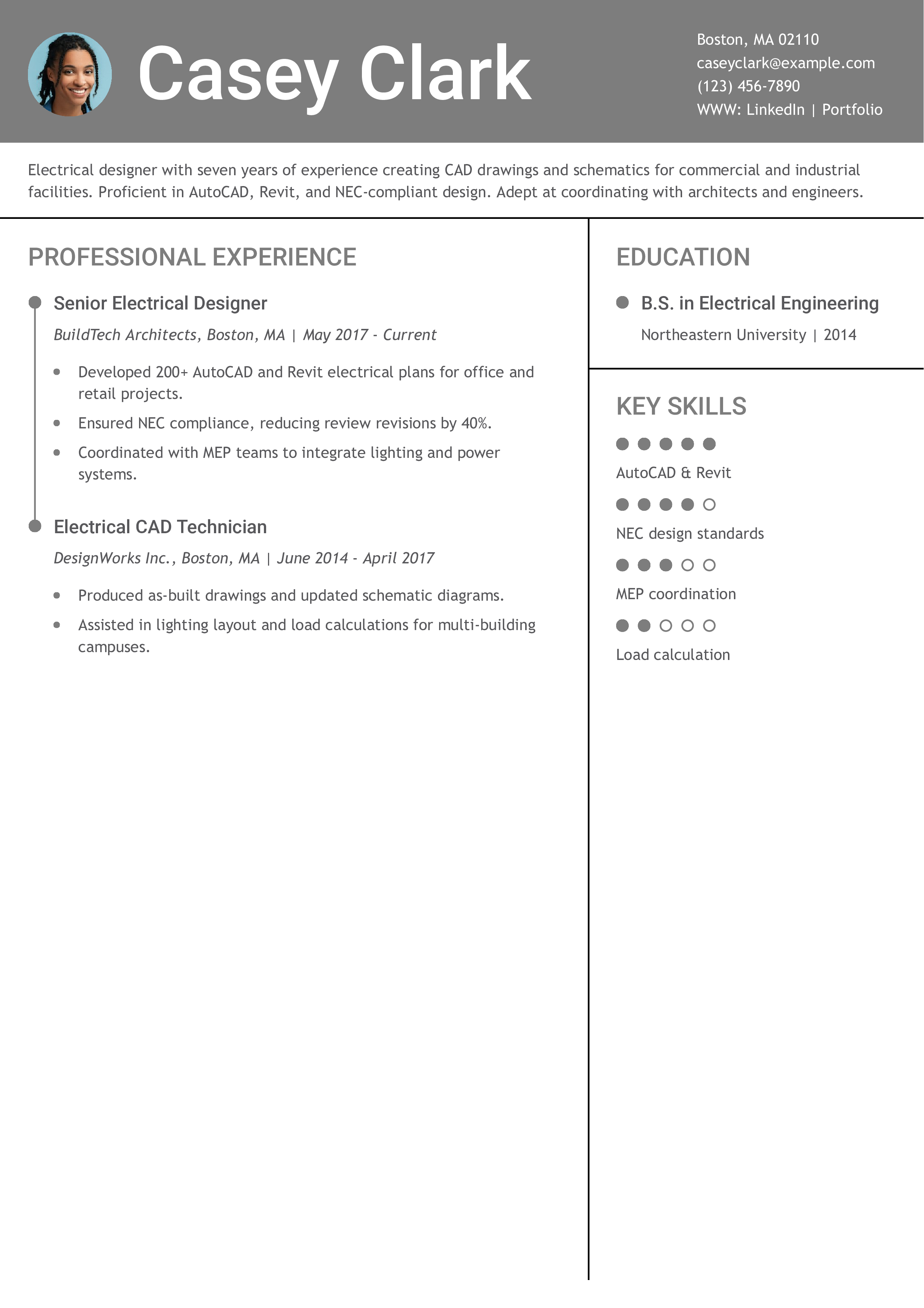 Electrical Designer Resume Example