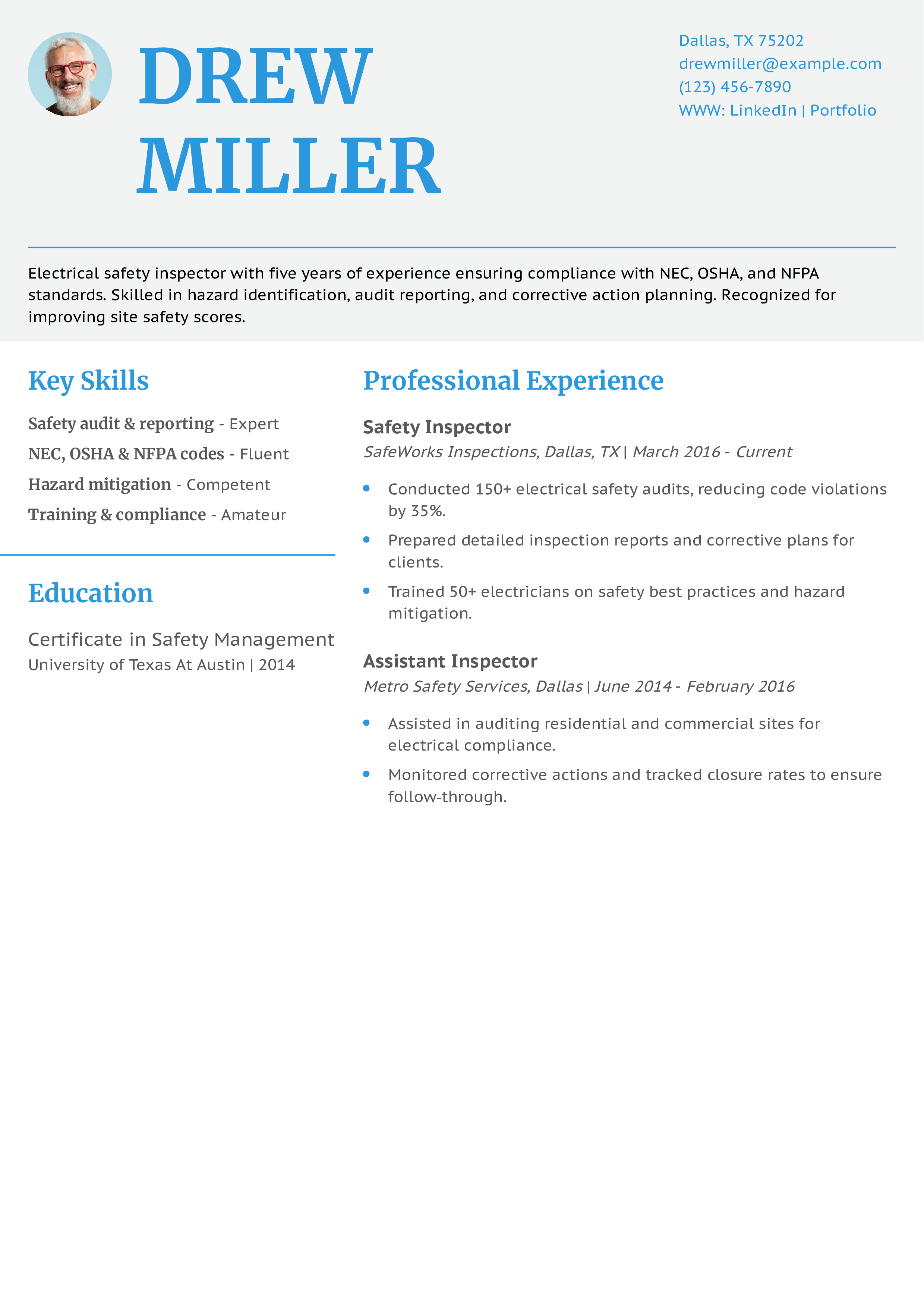 Electrical Safety Inspector Resume Example