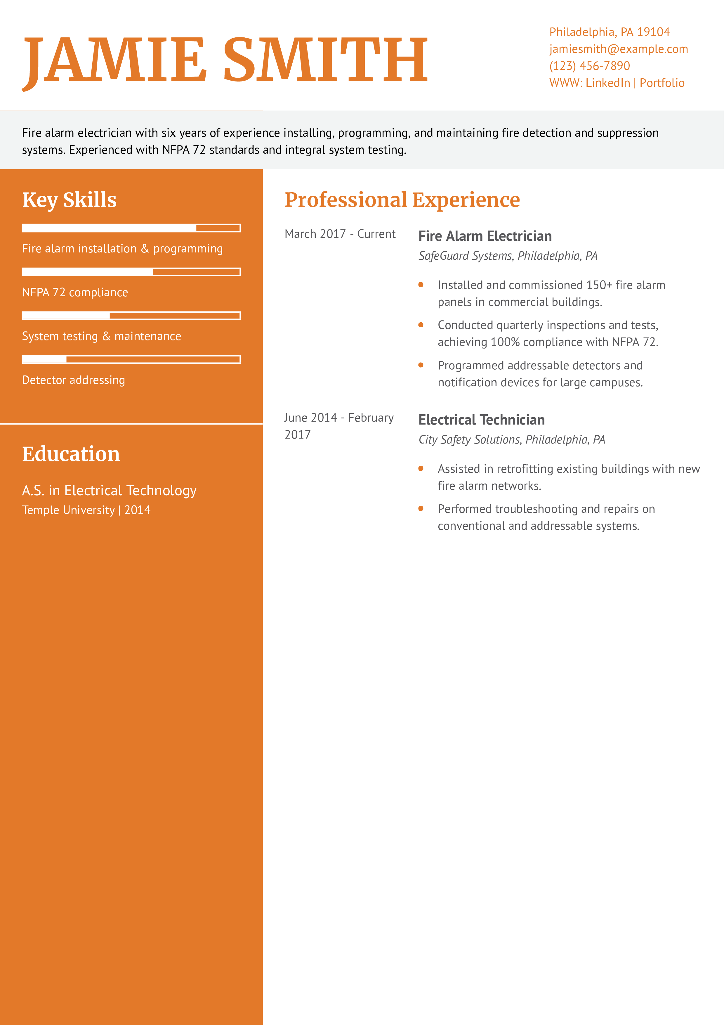 Fire Alarm Electrician Resume Example