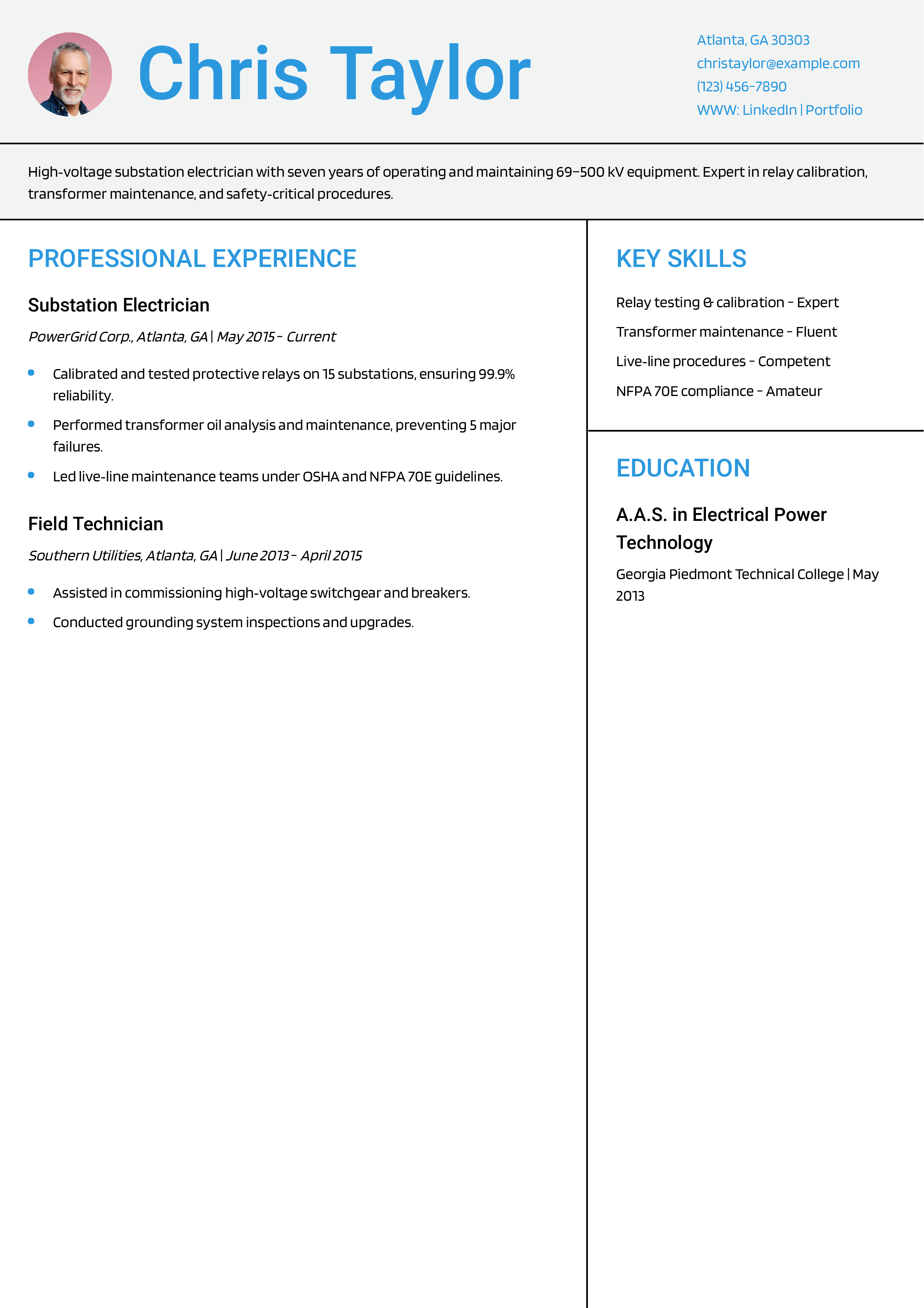 High‑Voltage Substation Electrician Resume Example