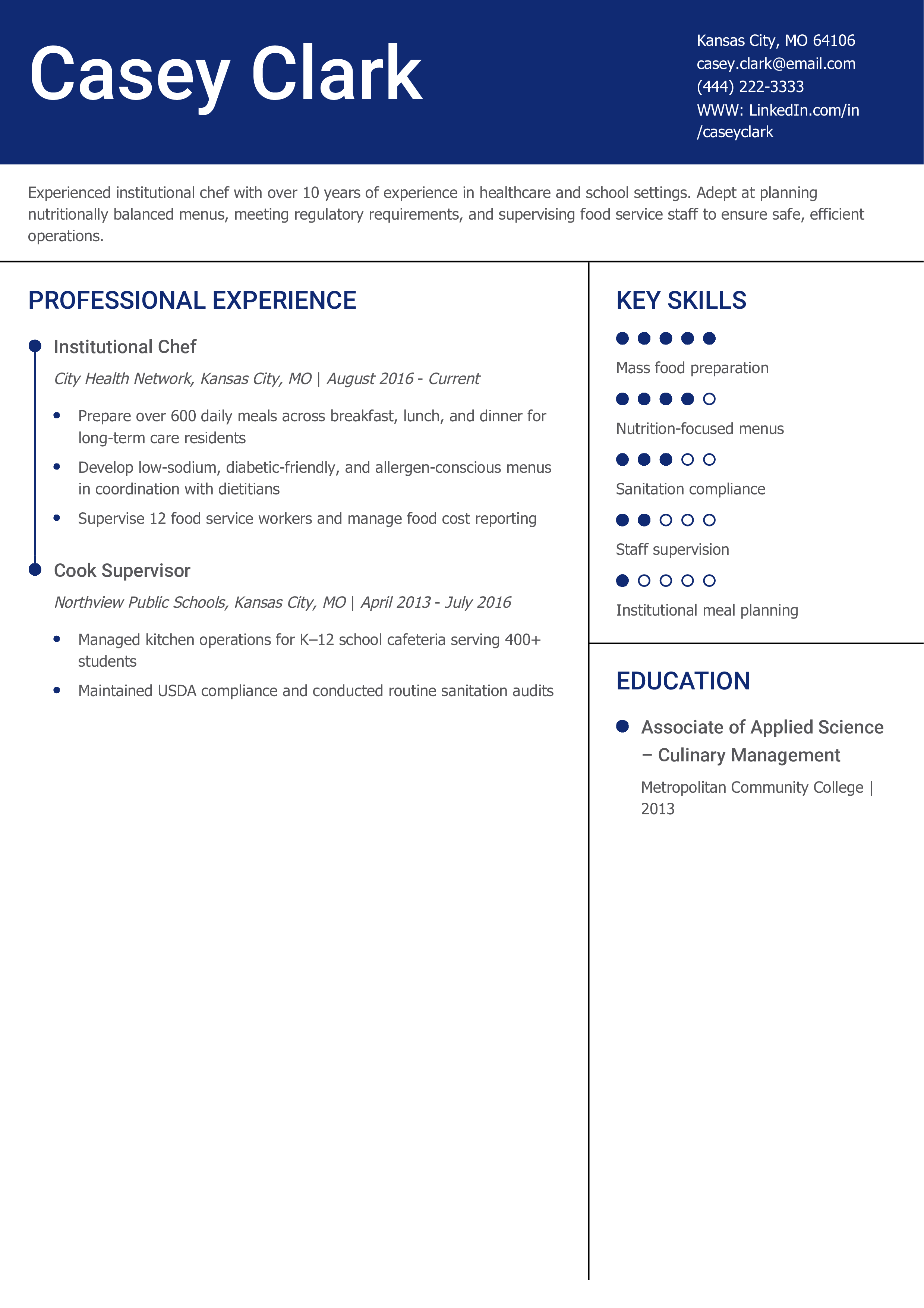 Institutional Chef Resume Example
