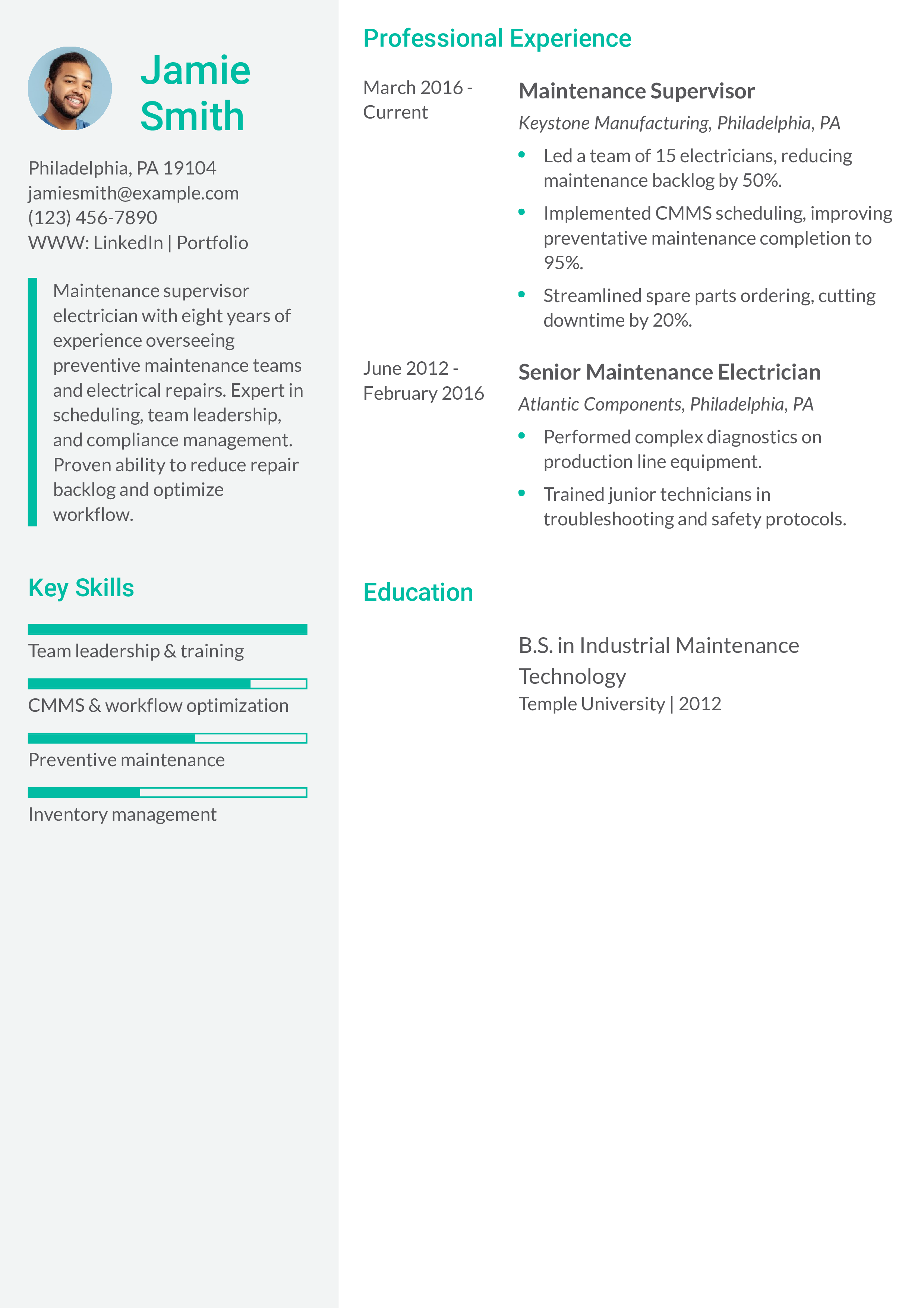Maintenance Supervisor Electrician Resume Example