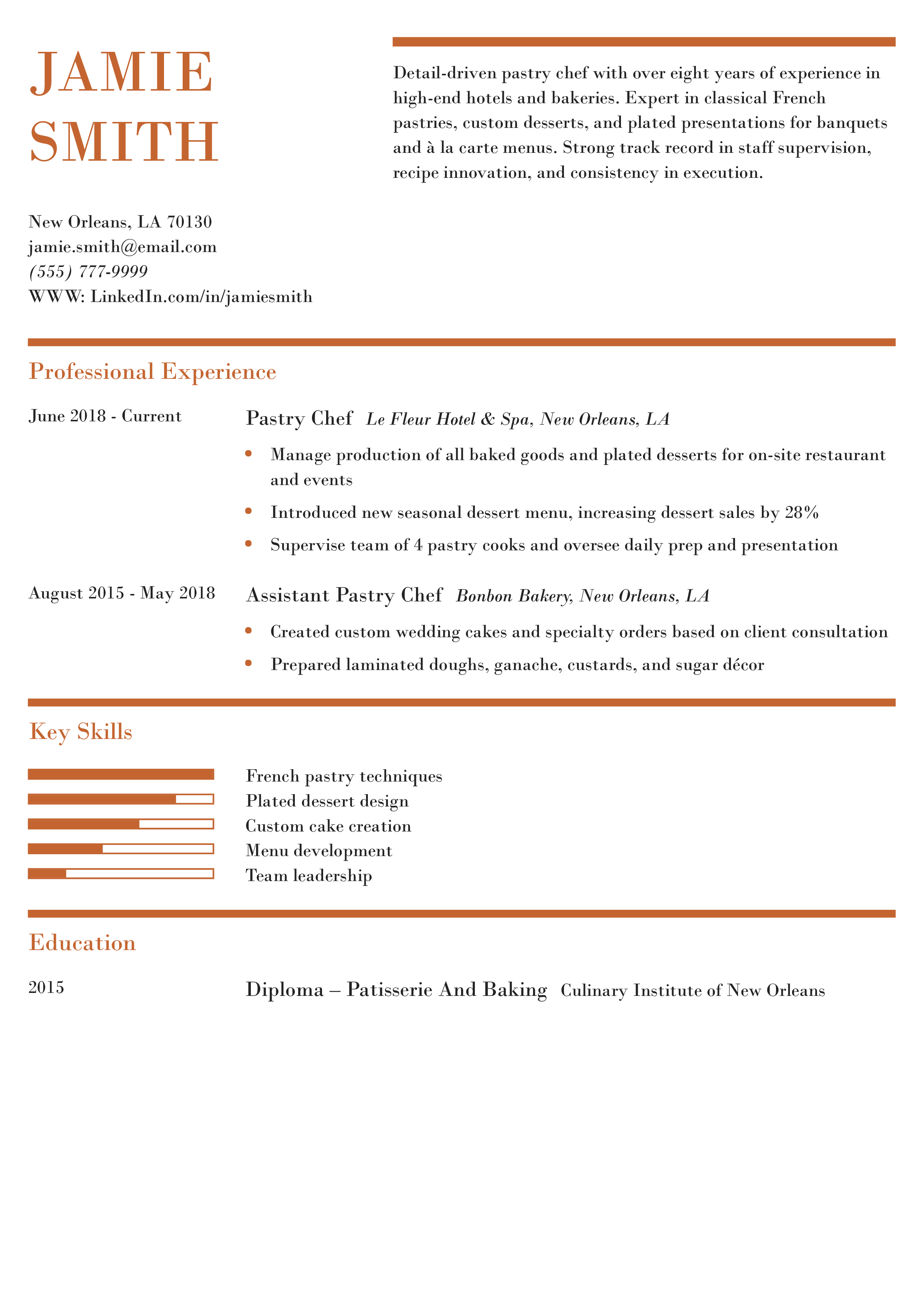 Pastry Chef Resume Example