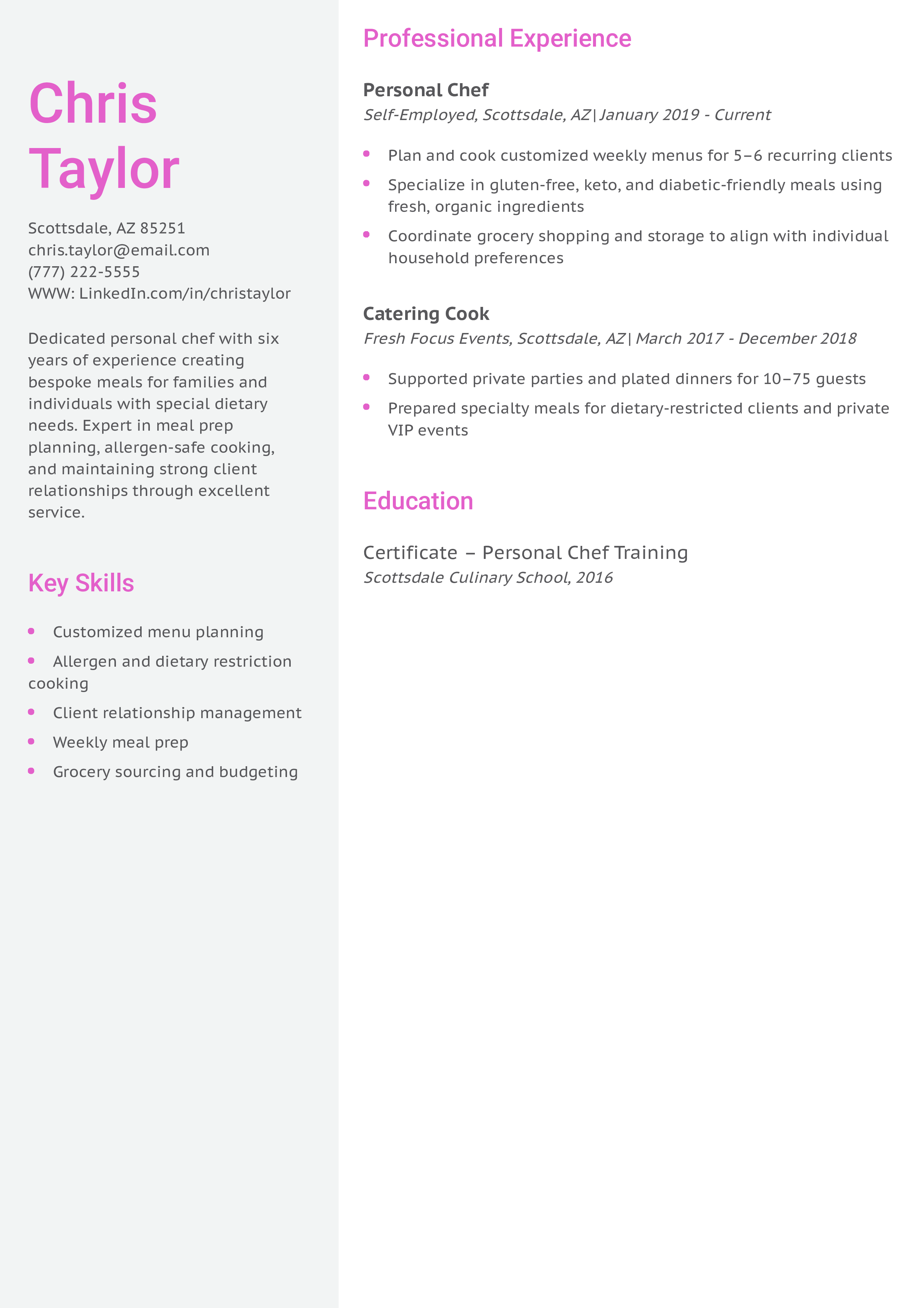 Personal Chef Resume Example
