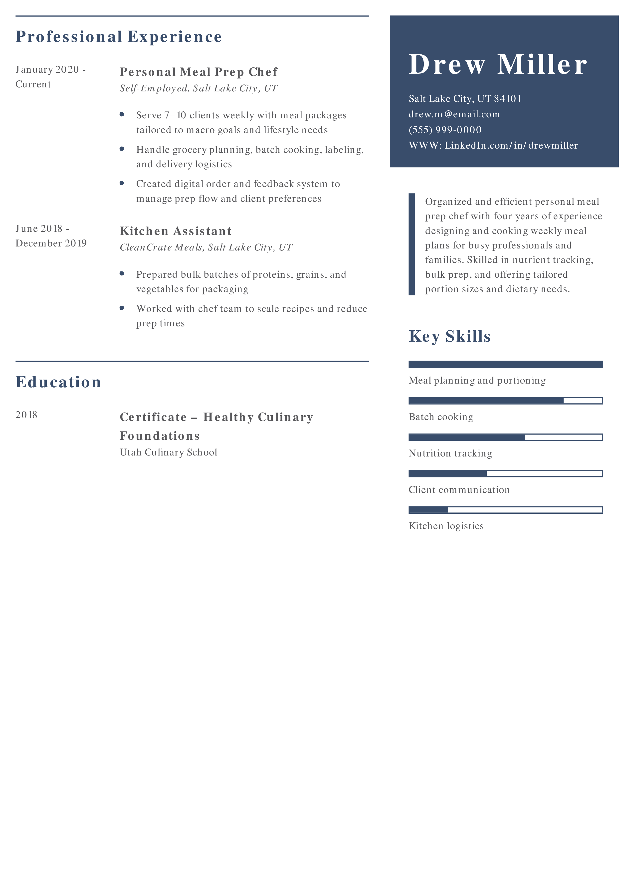 Personal Meal Prep Chef Resume Example