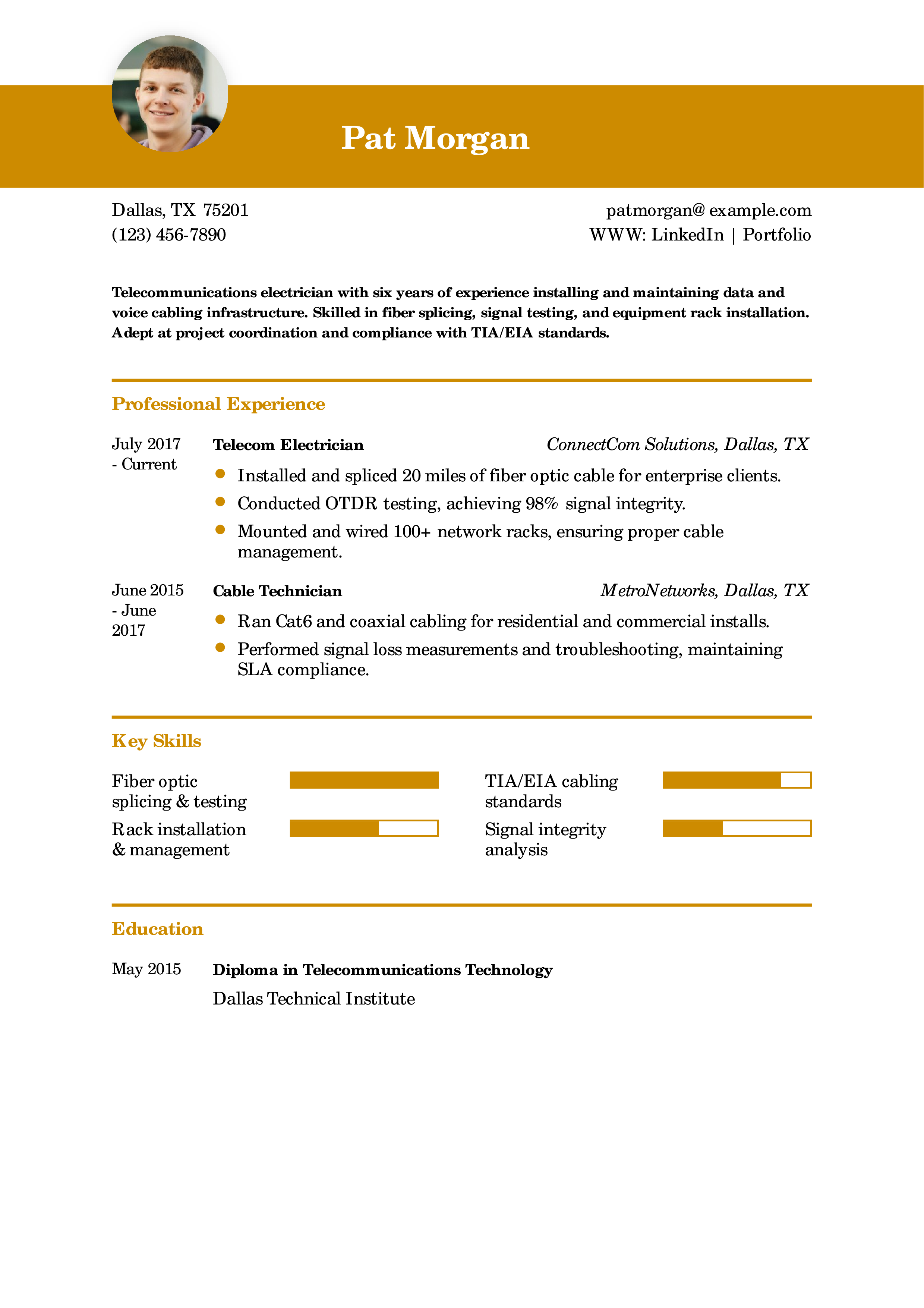 Telecommunications Electrician Resume Example
