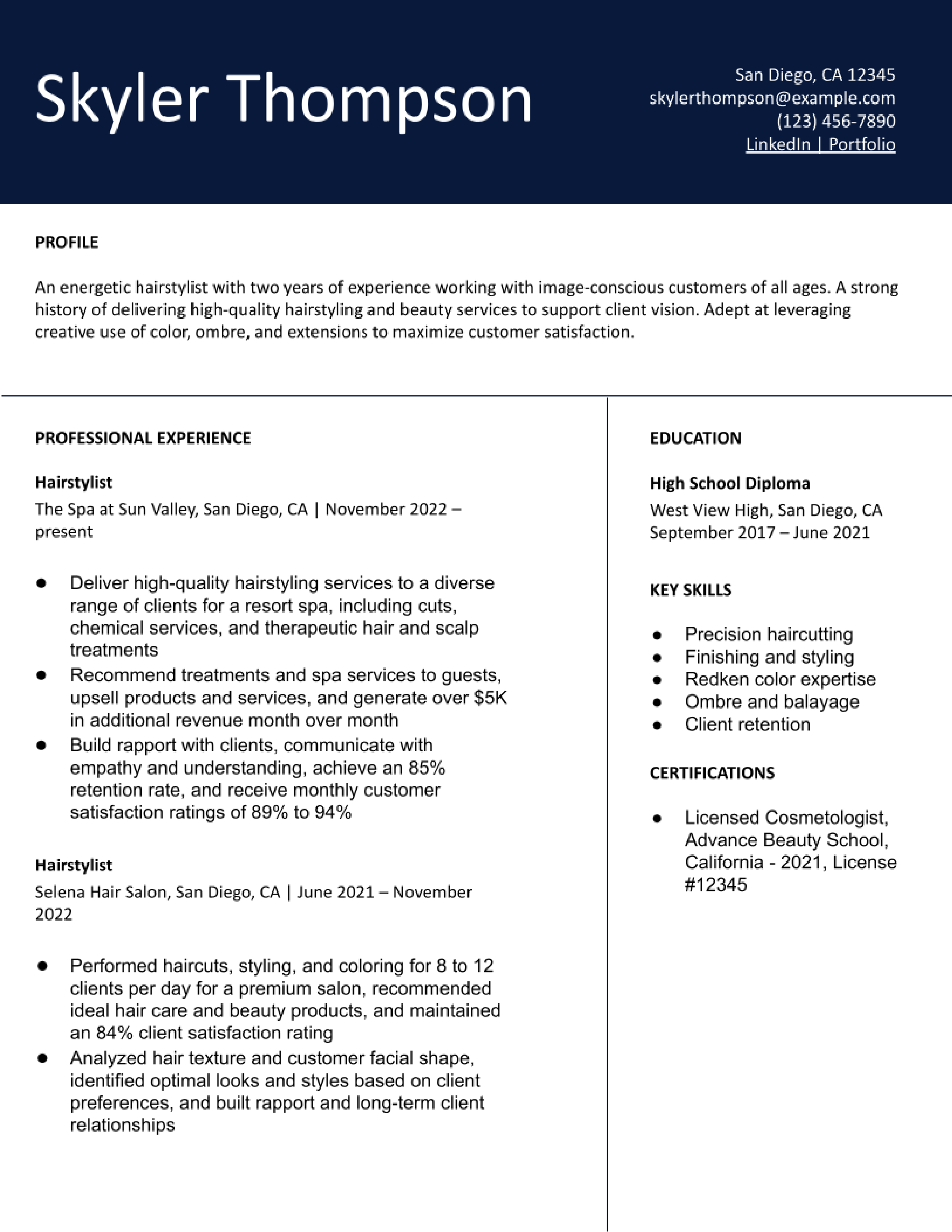 Hairstylist resume example