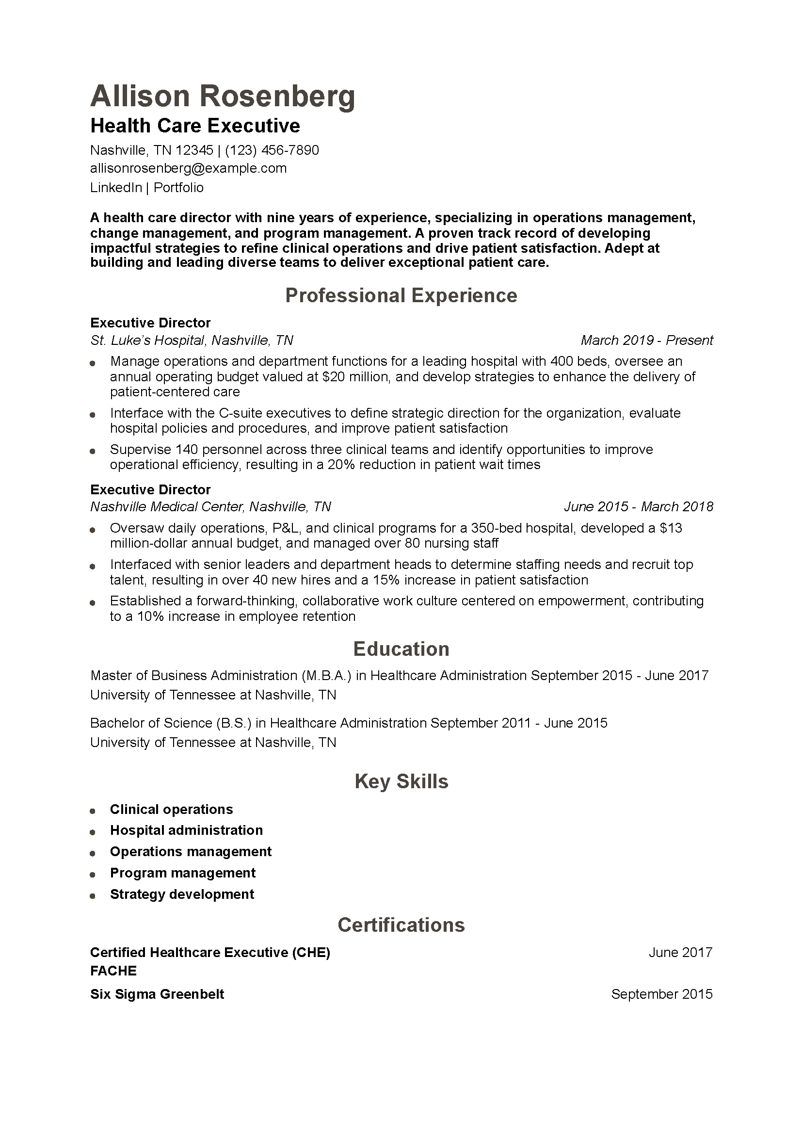 Health Care Executive Resume Example