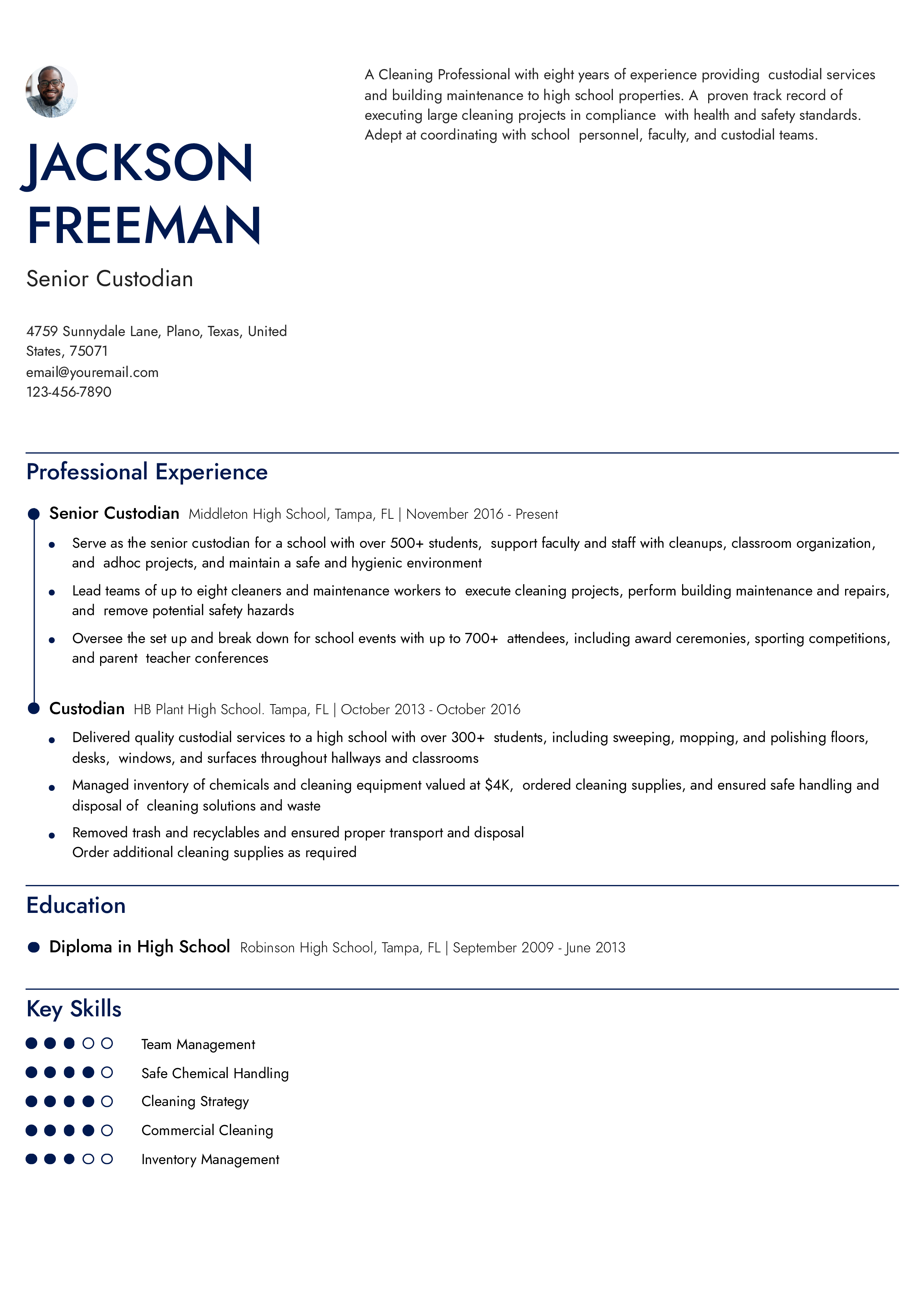 School Custodian Resume Example