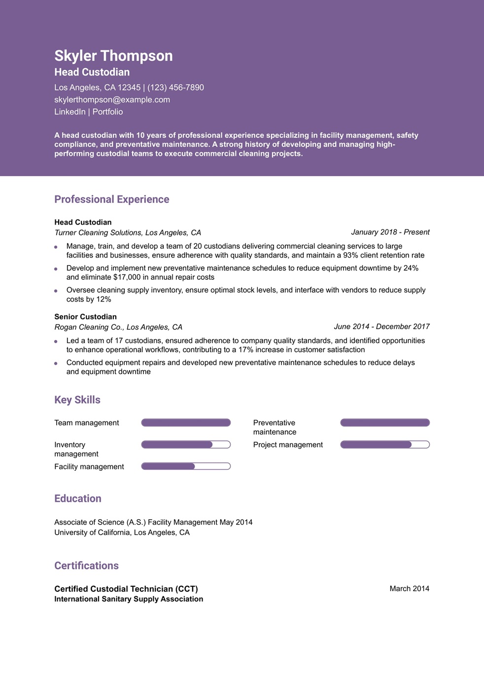 Head Custodian Resume Example
