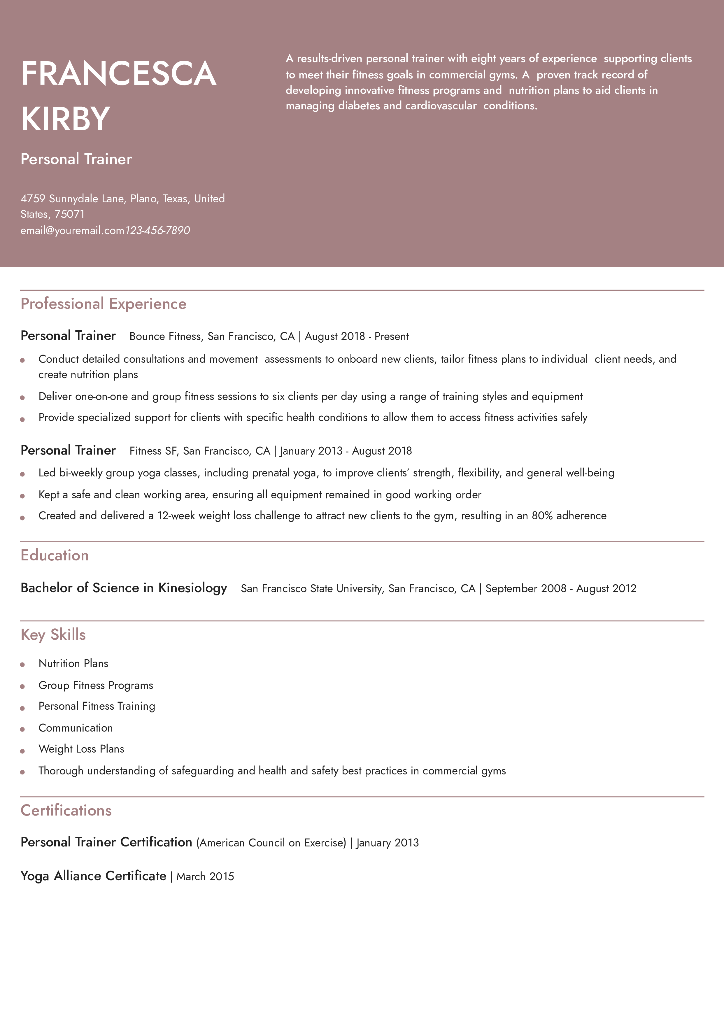 Mid-Level Personal Trainer Resume Example