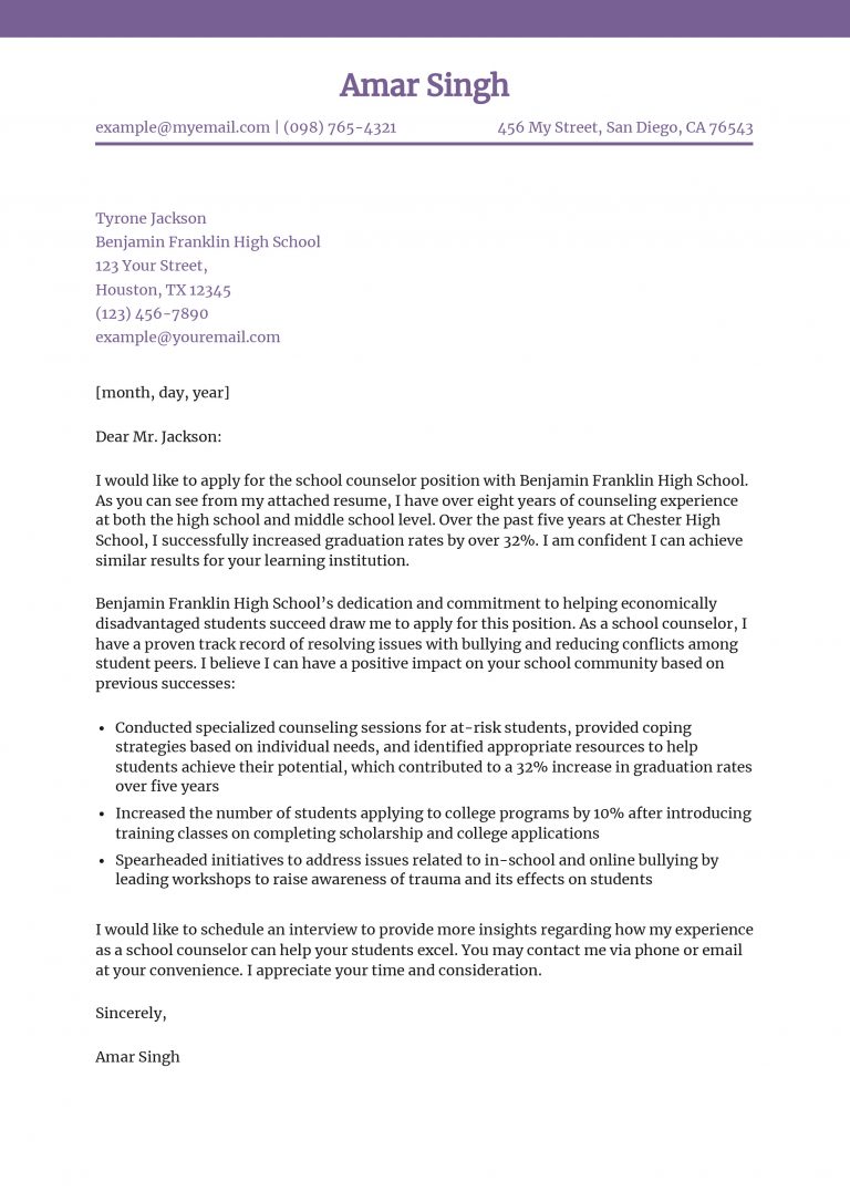 School Counselor Cover Letter Examples and Templates for 2026 -  ResumeBuilder.com, image size:768x1086