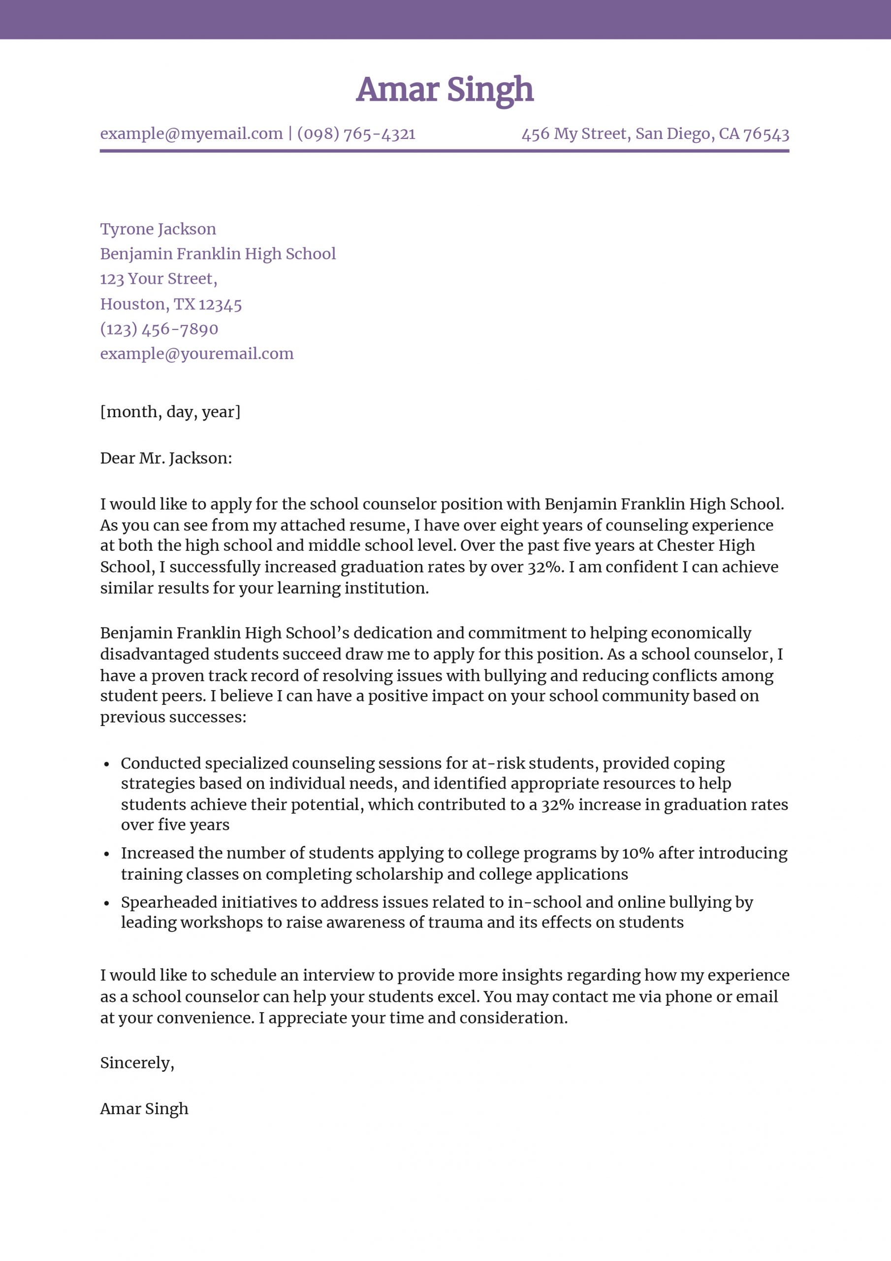 School Counselor Cover Letter Examples and Templates for 2025