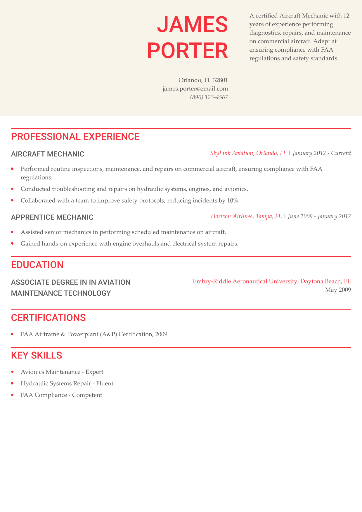 Aircraft Mechanic Resume Example