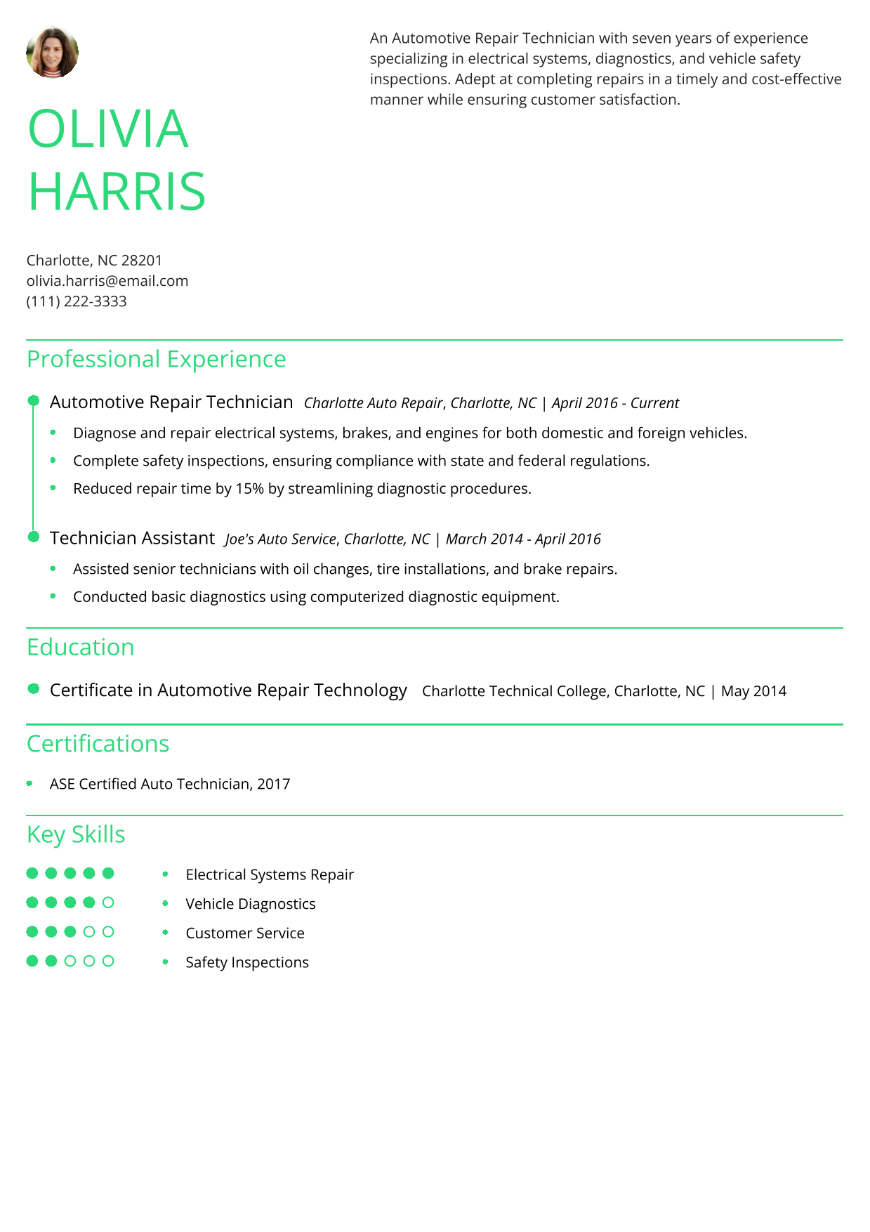 Automotive Repair Technician Resume Example