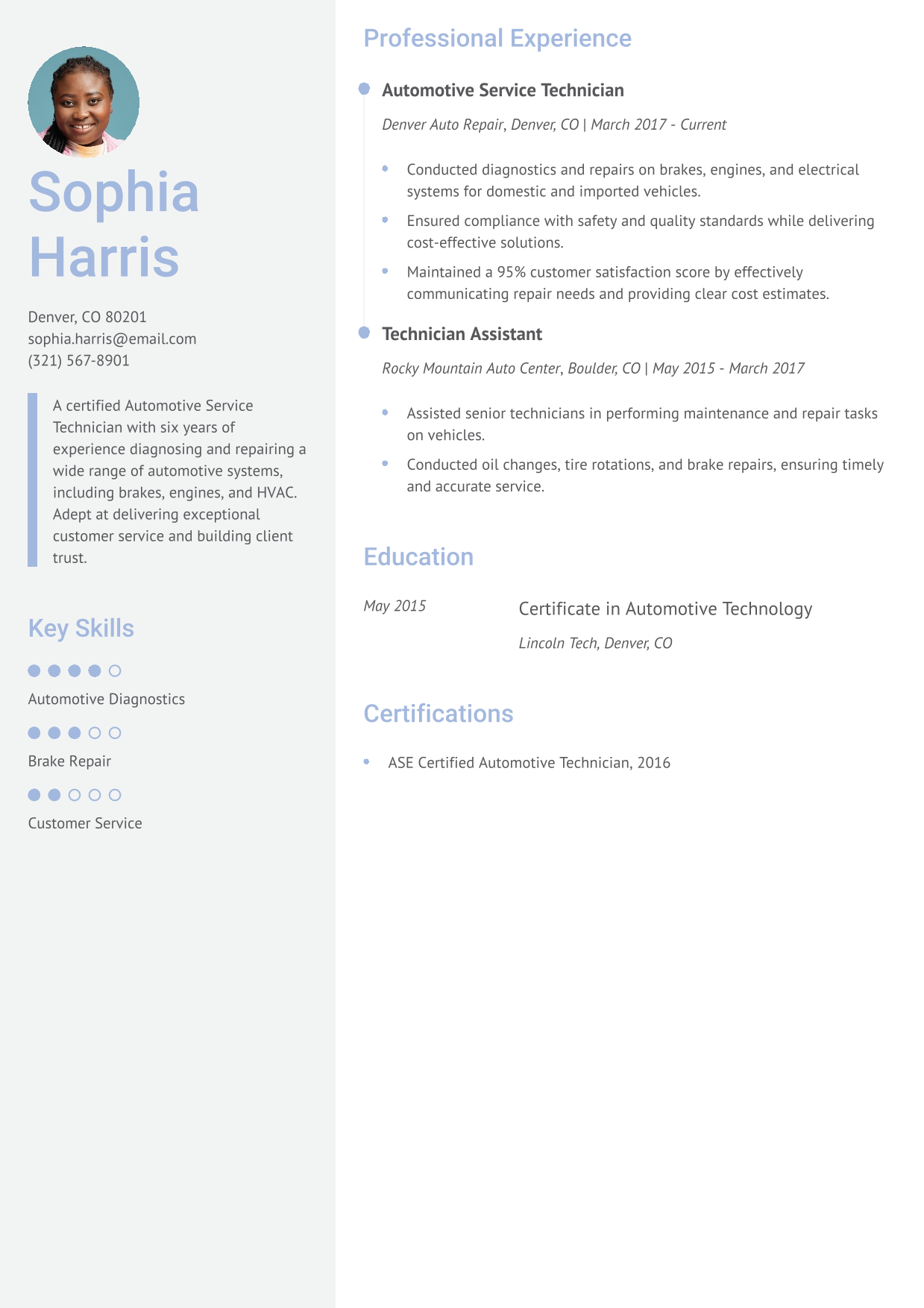 Automotive Service Technician Resume Example