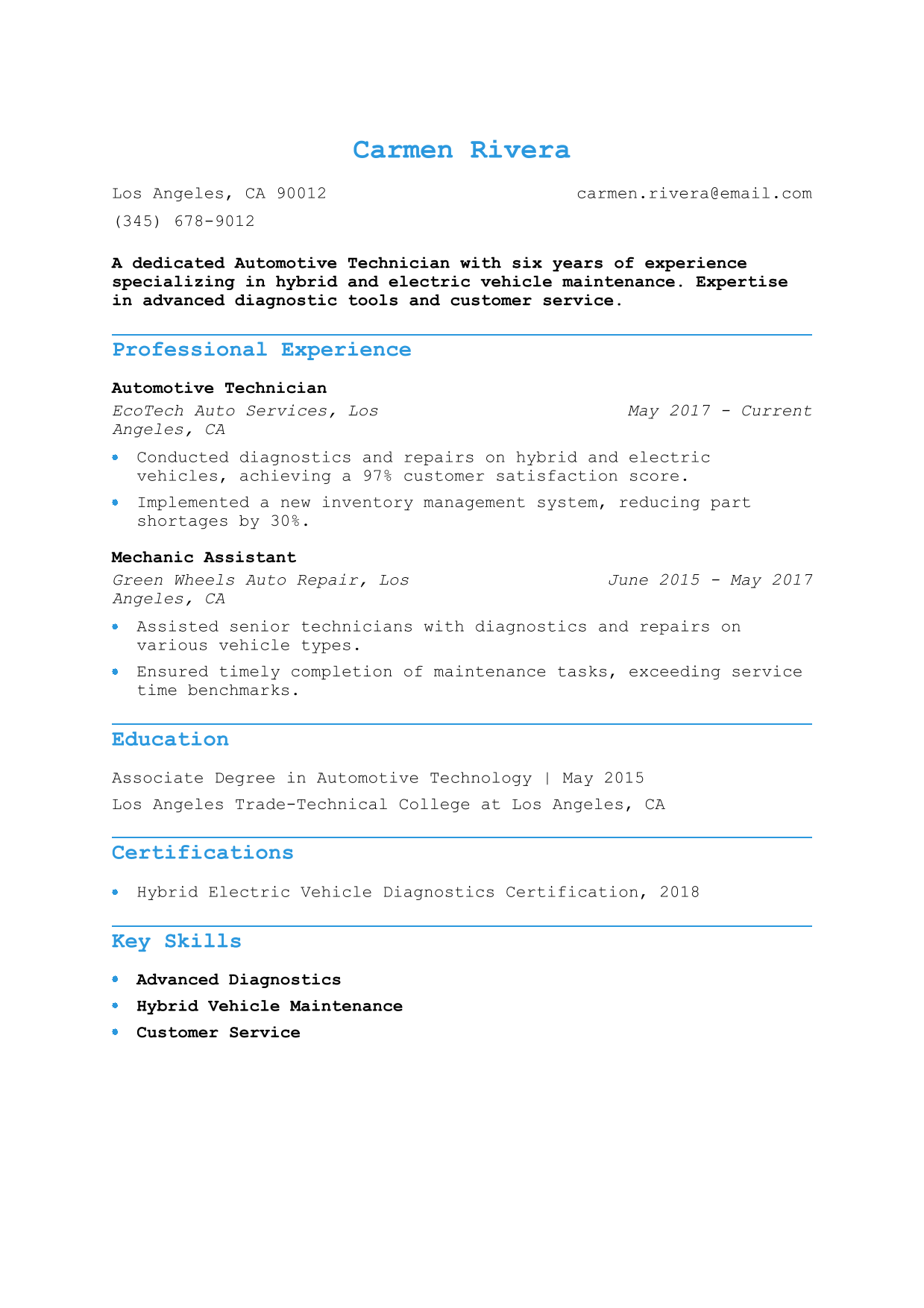 Automotive Technician Resume Example