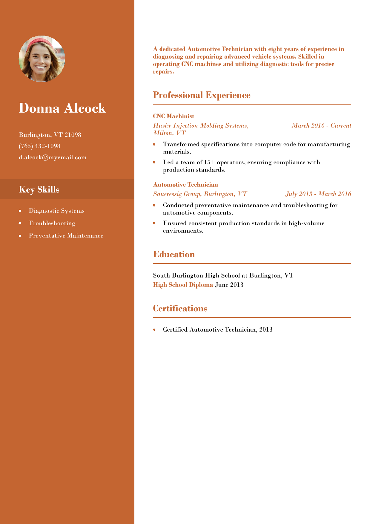 Automotive Technician Resume Example