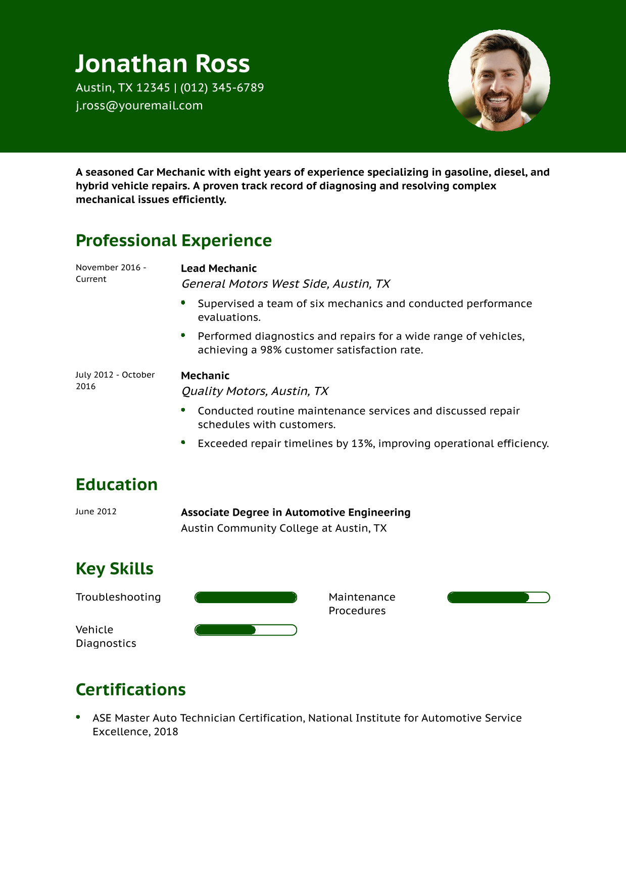 Car Mechanic Resume Example